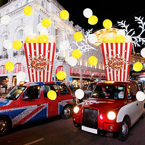 Miniatura 7 de Sosation Caja gigante de palomitas de maíz de cartón con globos, caja de palomitas de maíz en 3D, caja de cartón de pie y globos amarillos y blancos