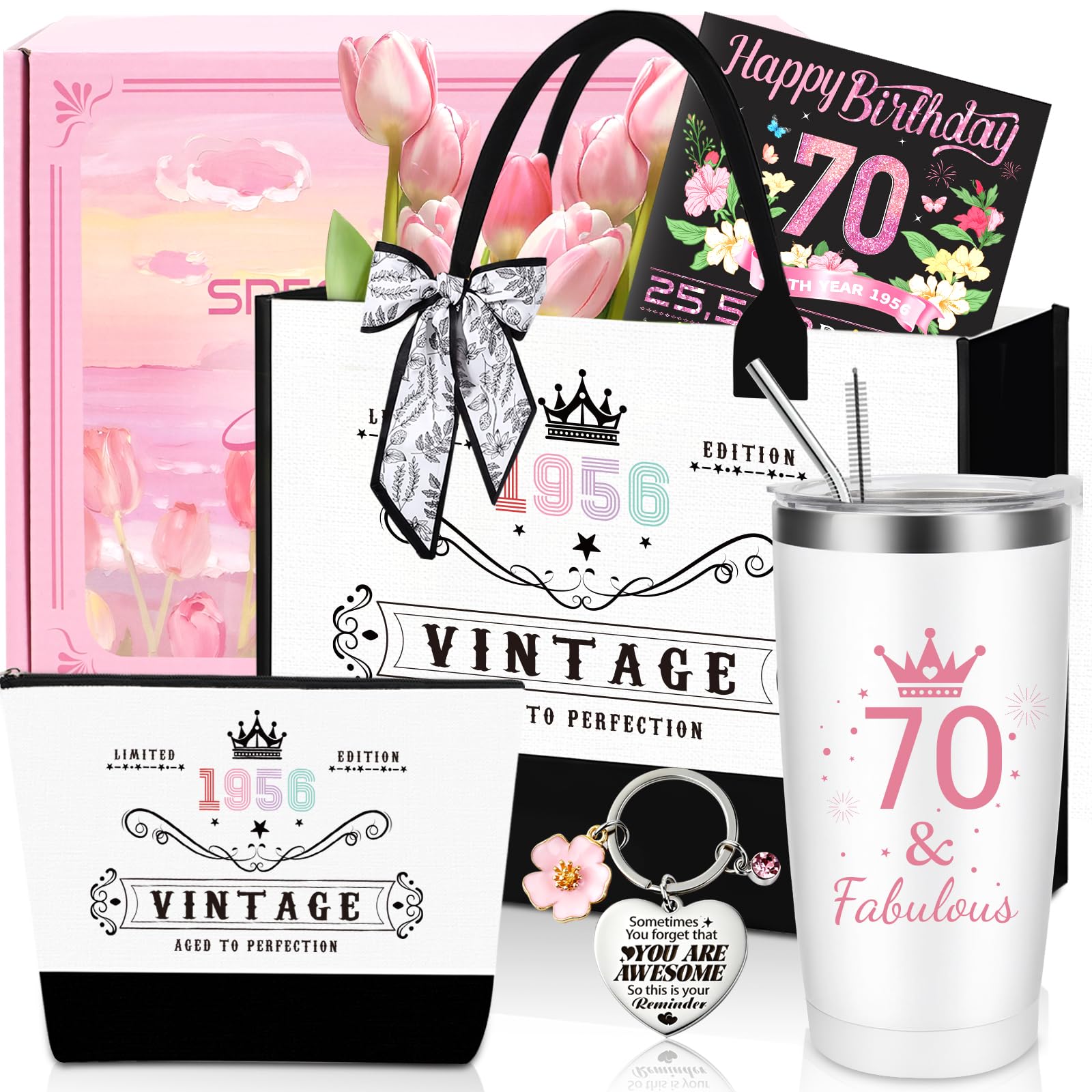 70th Birthday Gifts for Women,Unique 70 Years Old Birthday Include 20 Oz Stainless Steel Tumbler with Straw Gifts for Wife Aunt Sister Friends Her,Fashion 1956 Handbag Cosmetic Bag Born in 1956 Card