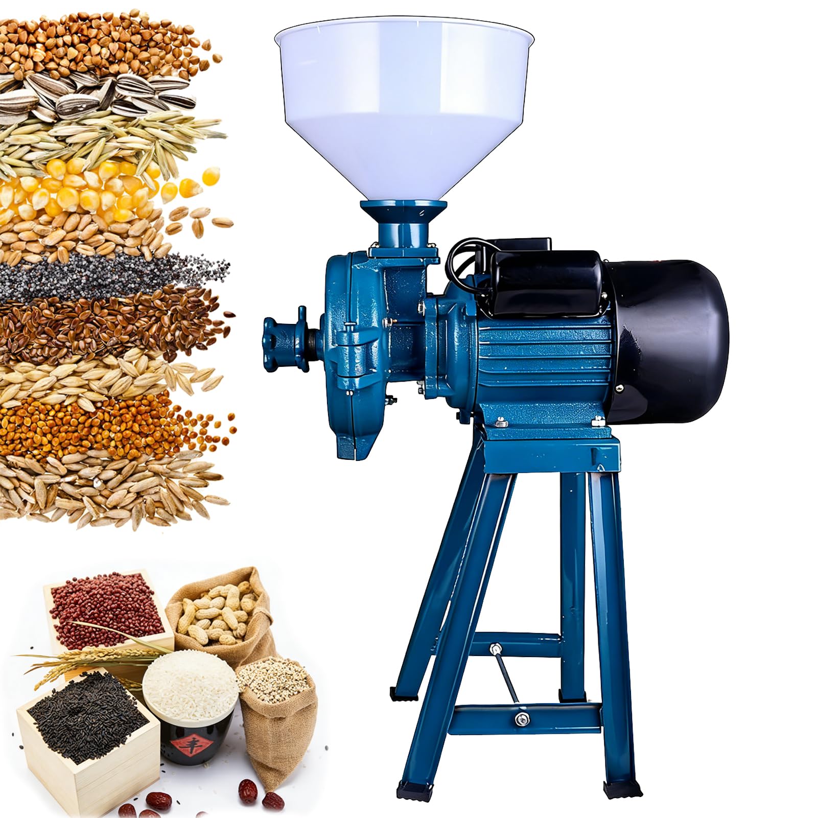 Broyeur de Grains Électrique 1500W, Moulin à Maïs Commercial Robuste avec Entonnoir, Machine de Broyage Sec et Humide Rapide, Finesse Réglable, Haute Efficacité pour Riz/Blé/Café/Céréales