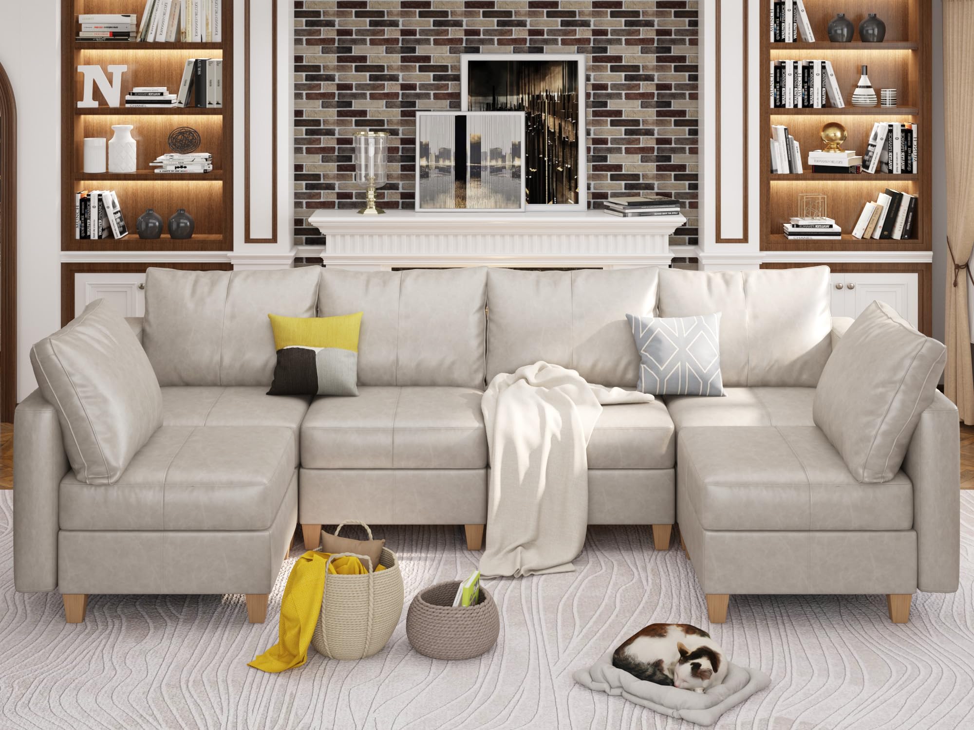 EASE MOOSE Modular Sofa with Storage, Faux Leather Sectional Sofa U Shaped Sectional Couches for Living Room, Whitesand