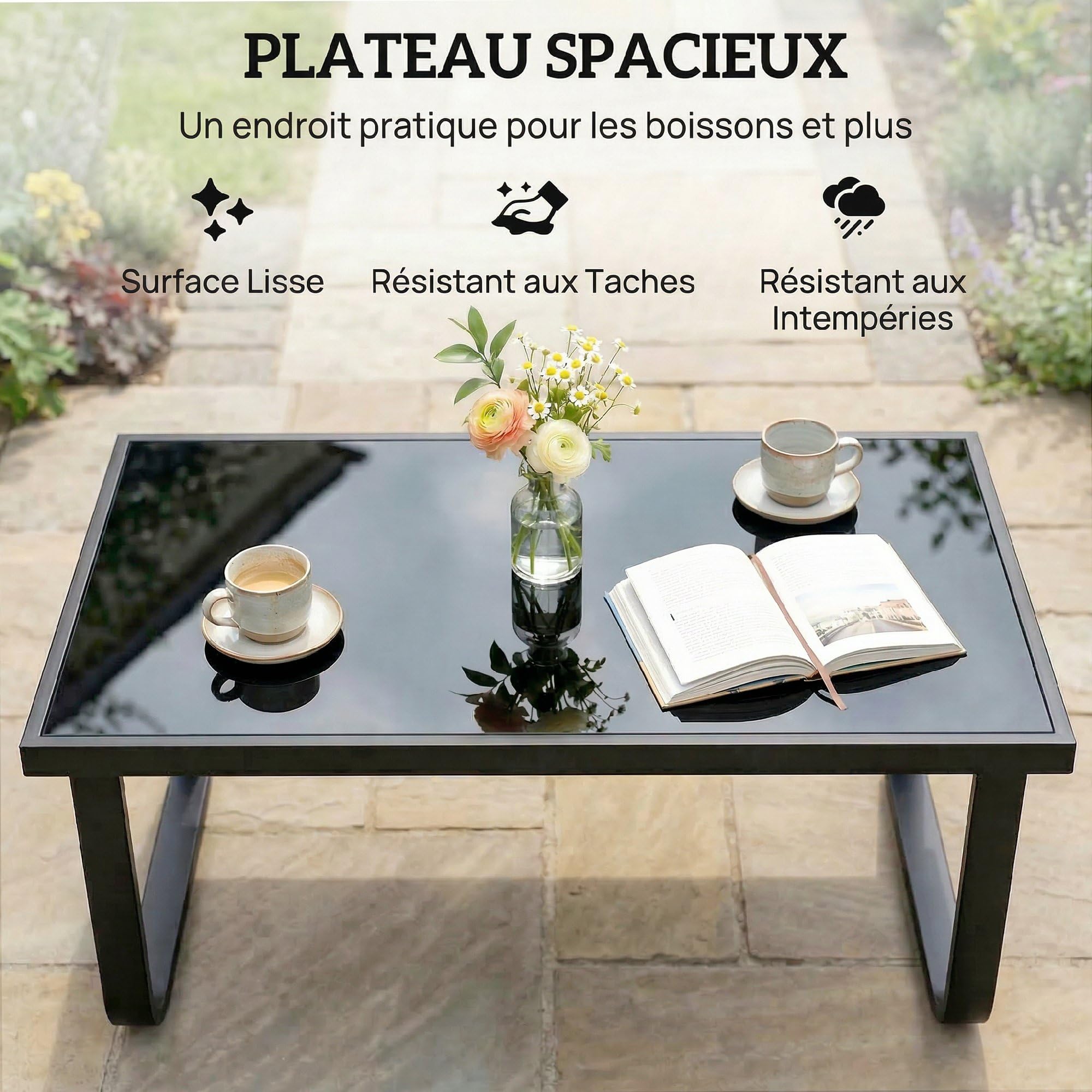 Outsunny Table Basse de Jardin Rectangulaire, Pieds Incurvés, Plateau en Verre Trempé, Table d'Appoint pour Terrasse Balcon Jardin, 90x45x33cm, Noir