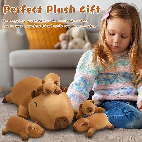 Miniatura 3 de Almohada de capibara, adorable almohada de peluche de animal, con 4 peluches bebés en su barriga, de algodón suave, regalo para niños
