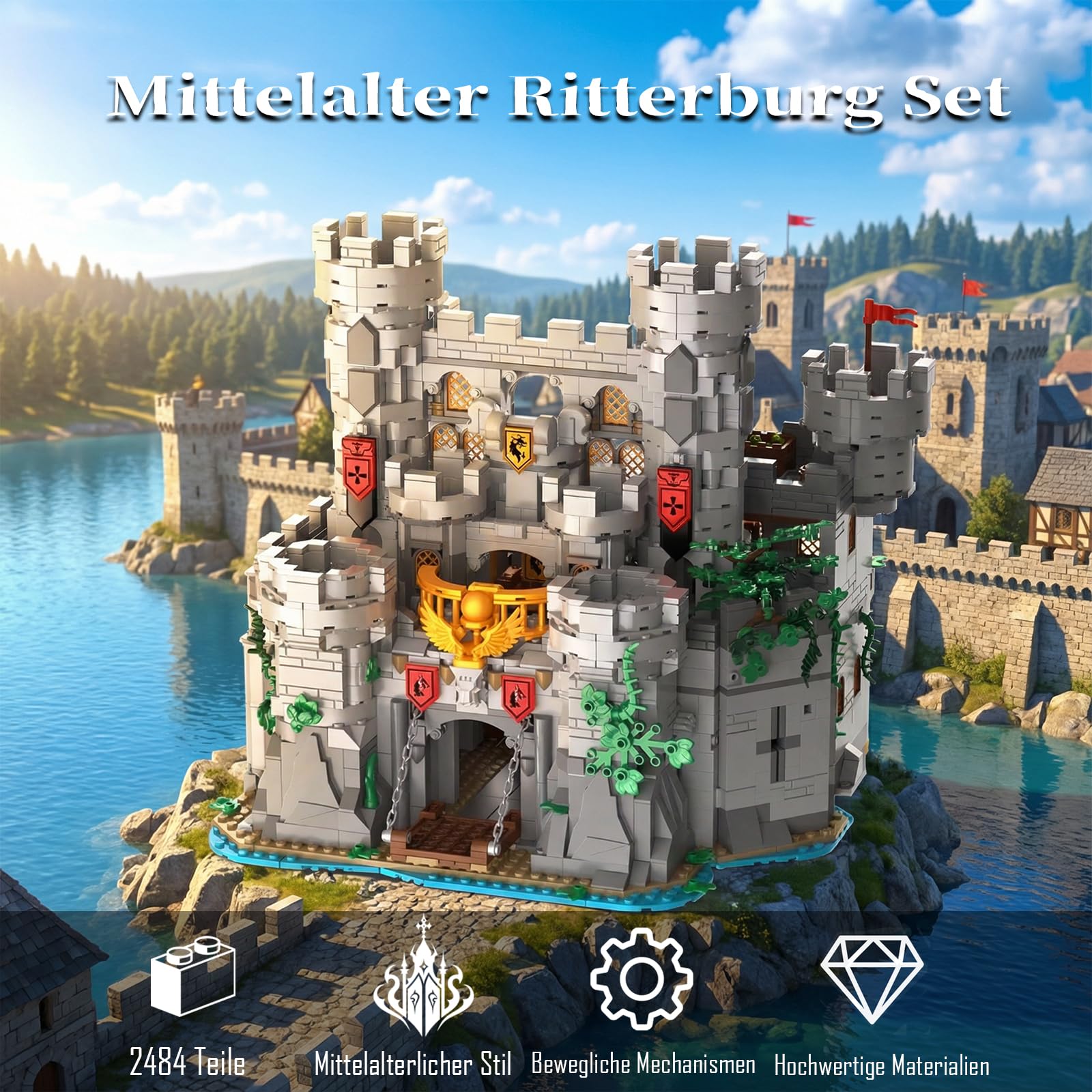 2 in 1 Mittelalter Ritterburg Bausteine Set, Klemmbausteine Haus Schloss Architektur Castle Modular Building für Erwachsene (2484 Teile)