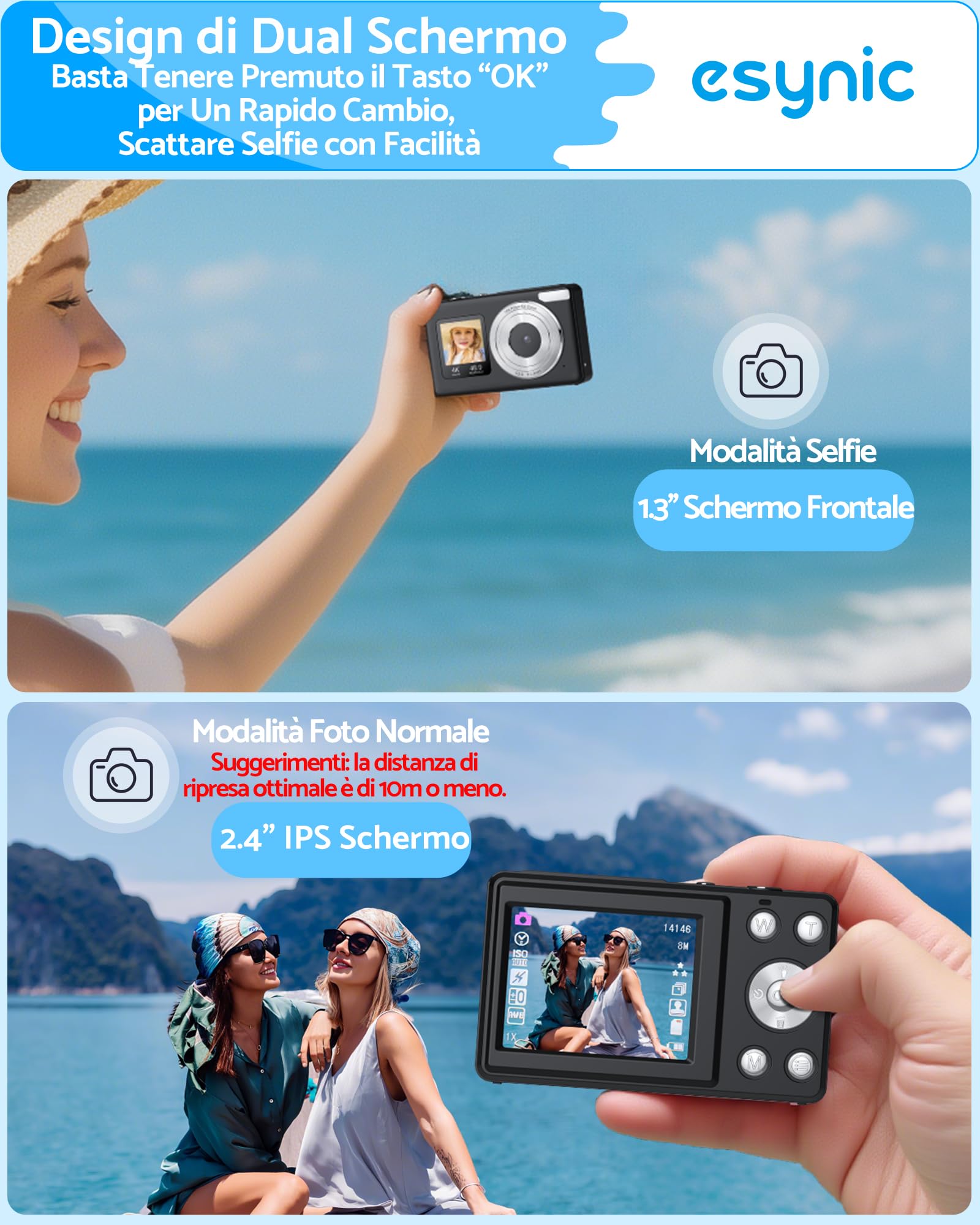 eSynic Fotocamera Digitale Compatta 4K 48MP, Doppio Schermo LCD 2.4''+1.3'' per Bambini, Zoom Digitale 18X, Luce Supplementare, Include SD 32GB, Macchina Fotografica Ricaricabile, Ideale Regalo - Nero