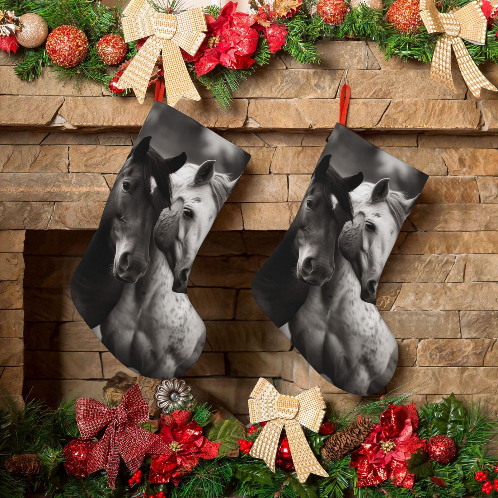 Black and White Horses Christmas Stockings 18 Inches Velvet Xmas Fireplace Hanging Stocking Rustic Christmas Santa Stockings for Home Christmas Decorations Party Favor Supplies