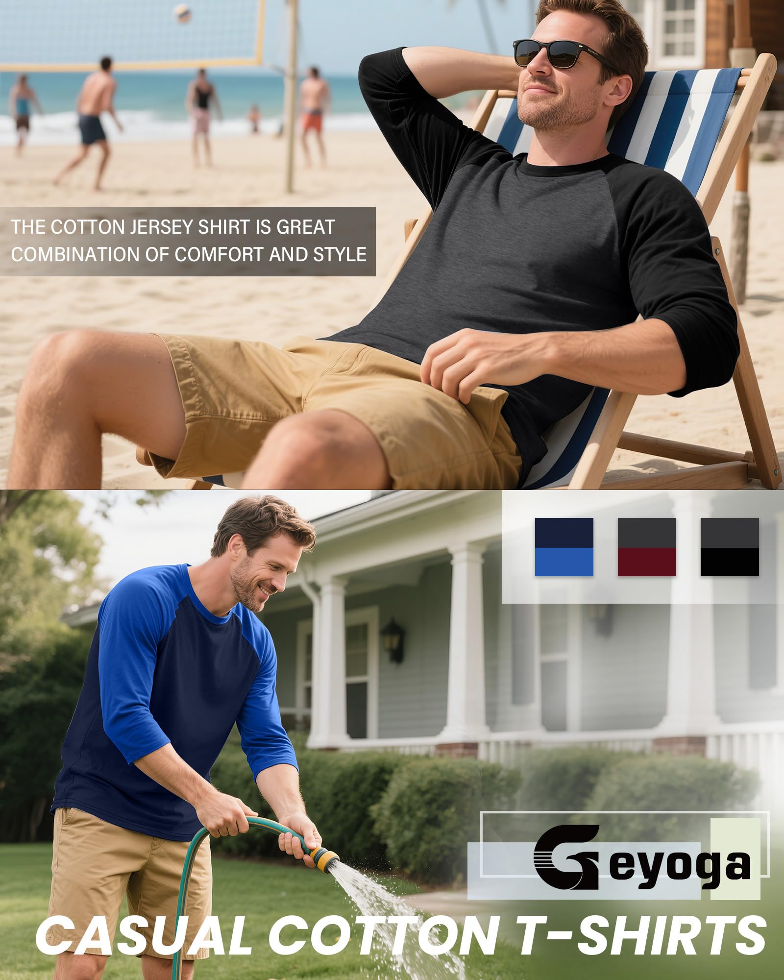 Geyoga Paquete De 3 Camisetas para Hombre De Manga 3/4, Cuello Redondo, Estilo Béisbol, Transpirables Y Deportivas