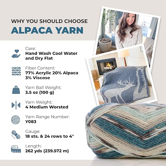 Mary Maxim Alpaca Yarn, Soft, Warm Tweed Yarn for Crocheting and Knitting, Medium Worsted Weight 4, Ideal for Scarves, Sweaters Afghans and Blankets, 262 Yards, Aqua Stripe 1 Skein