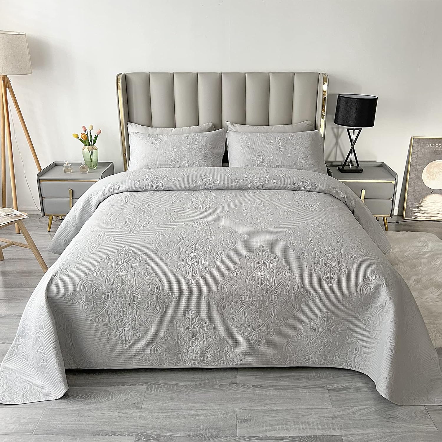 Qucover Light Grey Bedspread King Size 3Piece Lightweight Breathable