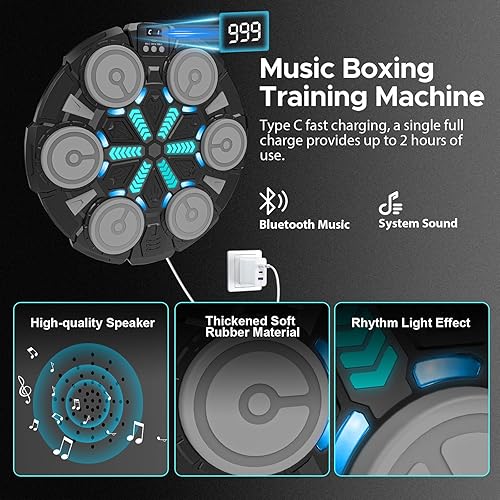 Miniatura 4 de Máquina de boxeo musical para niños y adultos, almohadilla de boxeo Bluetooth montada en la pared con guantes, luces de ritmo y equipo de gimnasio