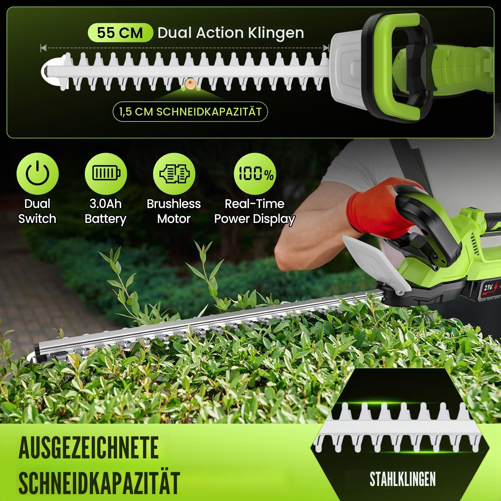 IERAKOR Akku-Heckenschere, Heckentrimmer mit 2 x 3,0Ah Akkus und Ladegerät