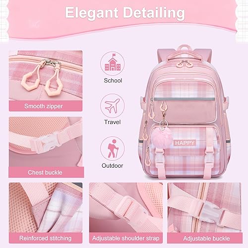 Miniatura 5 de Mochila WYCY para niñas - Linda mochila escolar a cuadros con compartimento para portátil para primaria y secundaria, Rosa, Grande