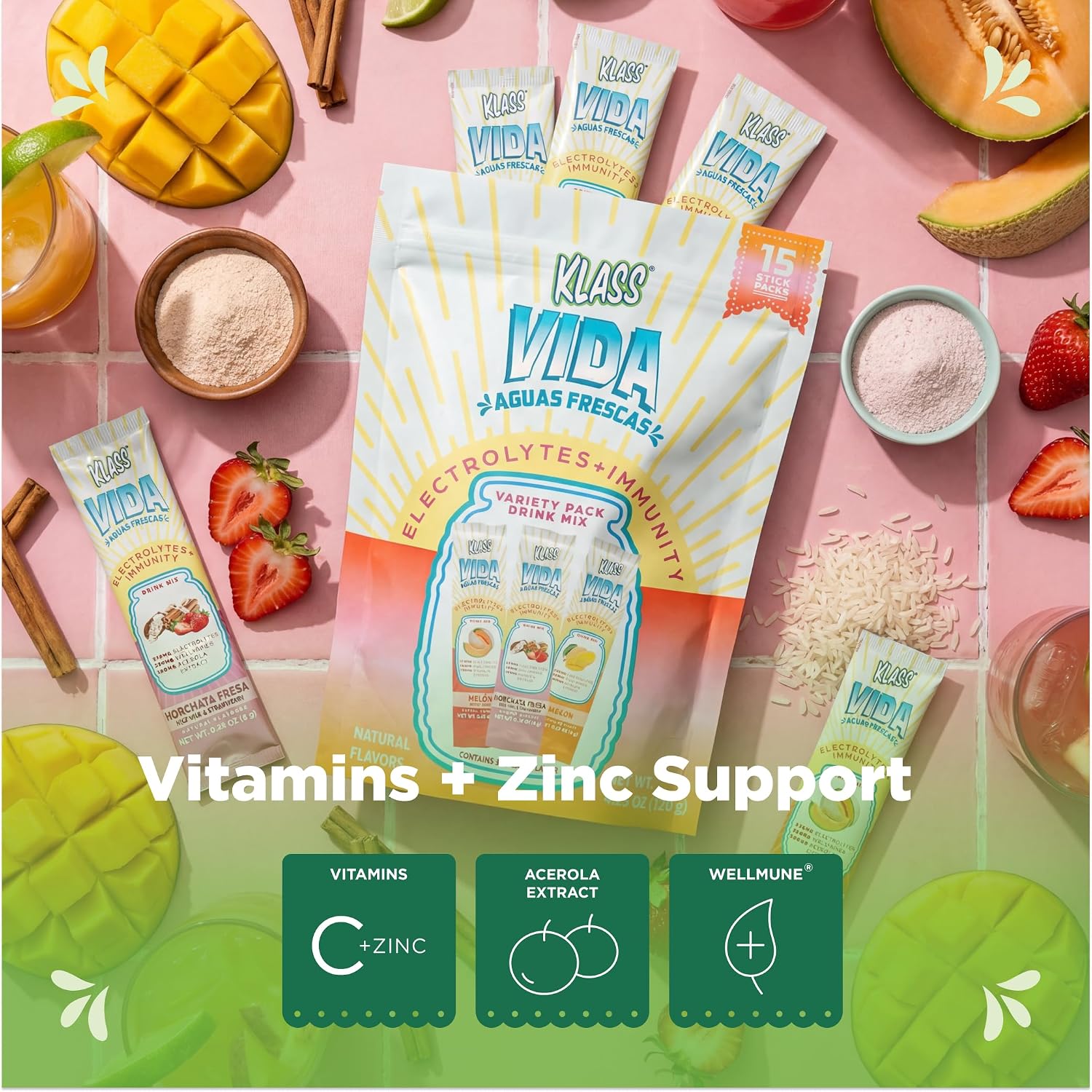 KLASS VIDA Hydration + Immunity Variety Pack Mango, Strawberry Horchata & Cantaloupe Agua Fresca Electrolyte Powder Packets | Sugar Free with Wellmune®, Acerola & Coconut Water | 15 Stick Packs