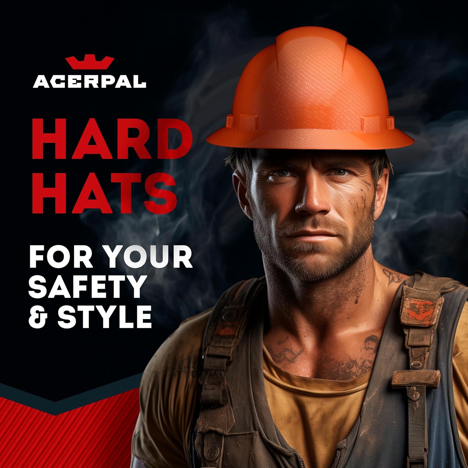 Acerpal Full Brim Non-Vented Orange Textured Carbon Fiber Design Gloss Finish OSHA Hard Hat with 6-Point Suspension