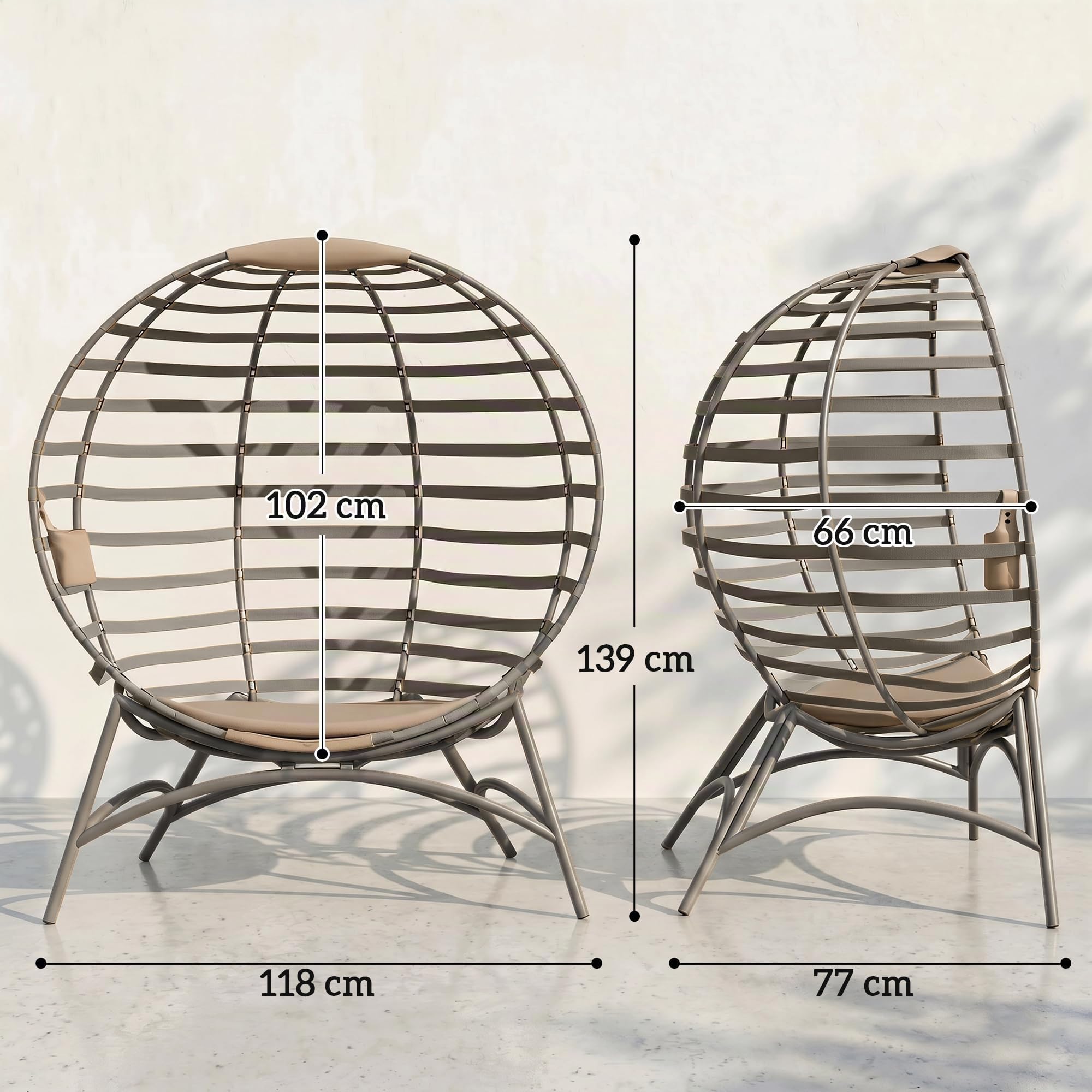 Outsunny Papasansessel mit Kissen Faltbar 118 x 77 x 139 cm Sandbraun | Gartenstuhl, Korb-Stuhl Oval, Loungesessel, Korbsessel Outdoor, für Balkon Terrasse Indoor, Stahl