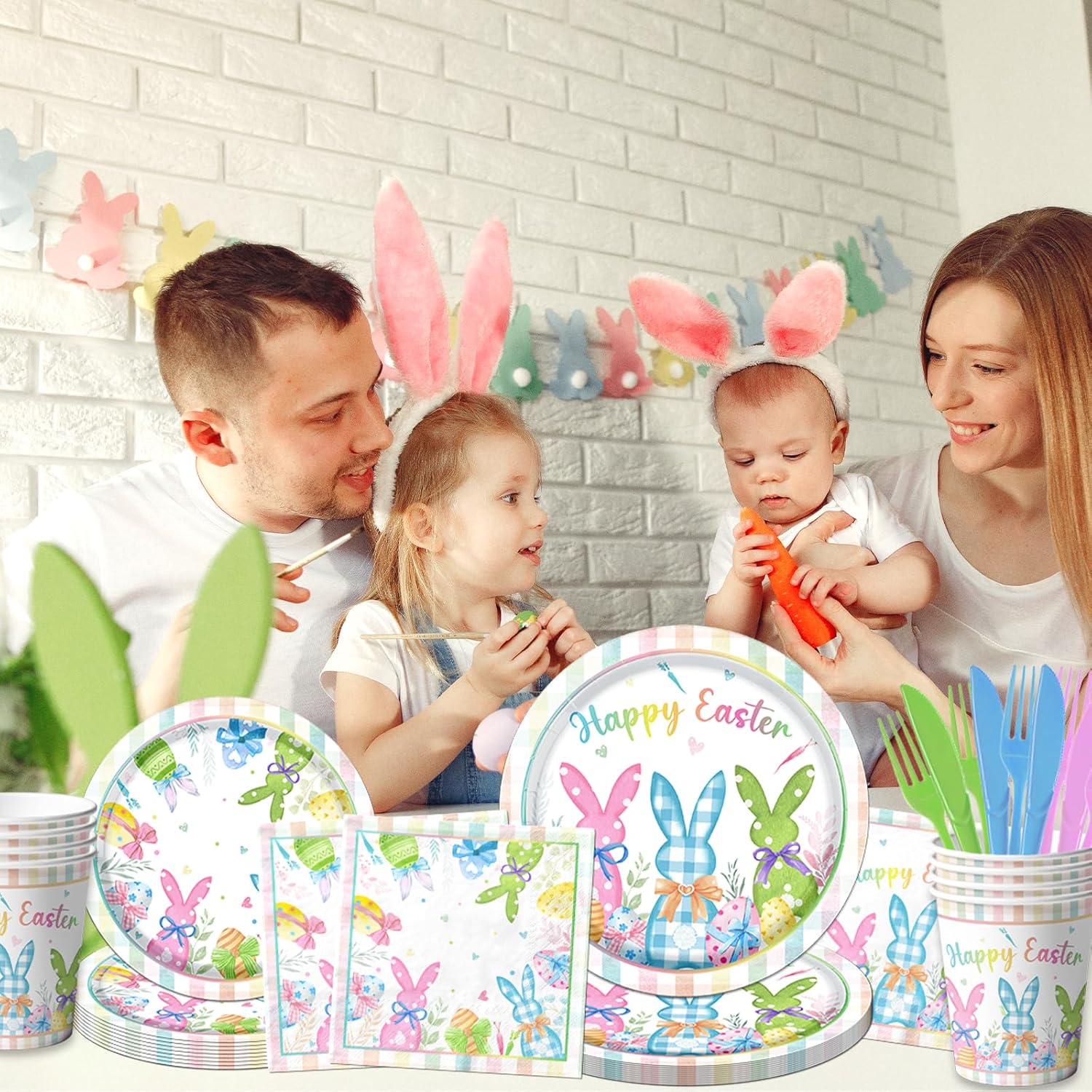Happy Easter Plates and Napkins 168pcs Easter Party Supplies Tableware Set Easter Bunny Paper Plates and Napkins Cups for Spring Themed Easter Birthday Party,Serves 24 - Image 2