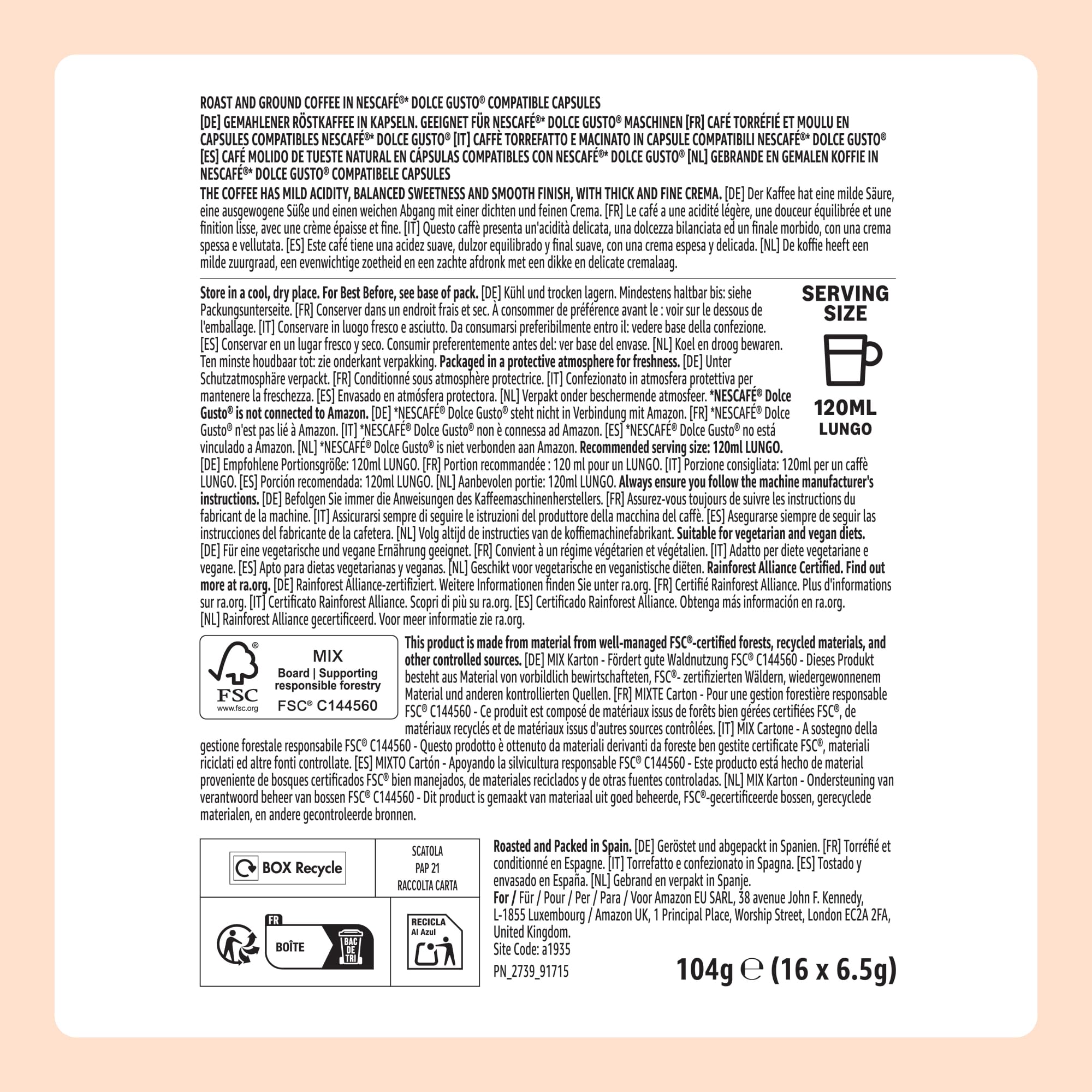 by Amazon Cápsulas De Café Lungo, en cápsulas compatibles con dolce gusto, 48 cápsulas (3 paquetes de 16)