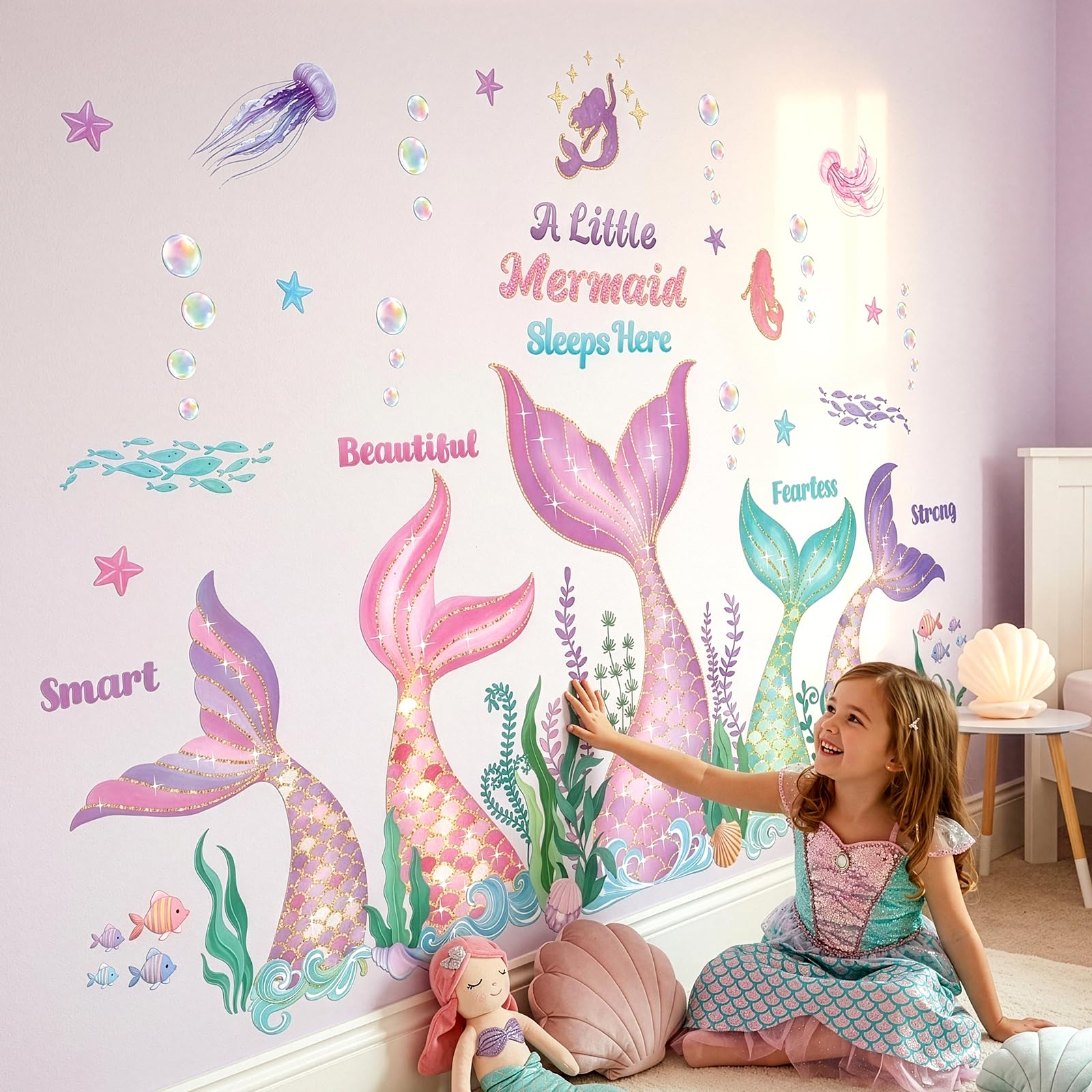 Decowall Girls Mermaid Tail Mermaid Wall Stickers Under The Sea Wall Decals Bubble Seaweed Peel And Stick For Bedroom Baby Nursery Bathroom Decor (Sg2-2505)