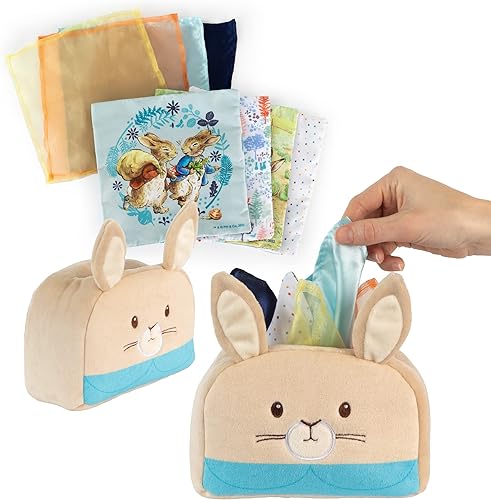 Kids Preferred Peter Rabbit - Caja de pañuelos Montessori, juguete sensorial 8 pañuelos de doble cara para bebés, bebés y niños basados en los