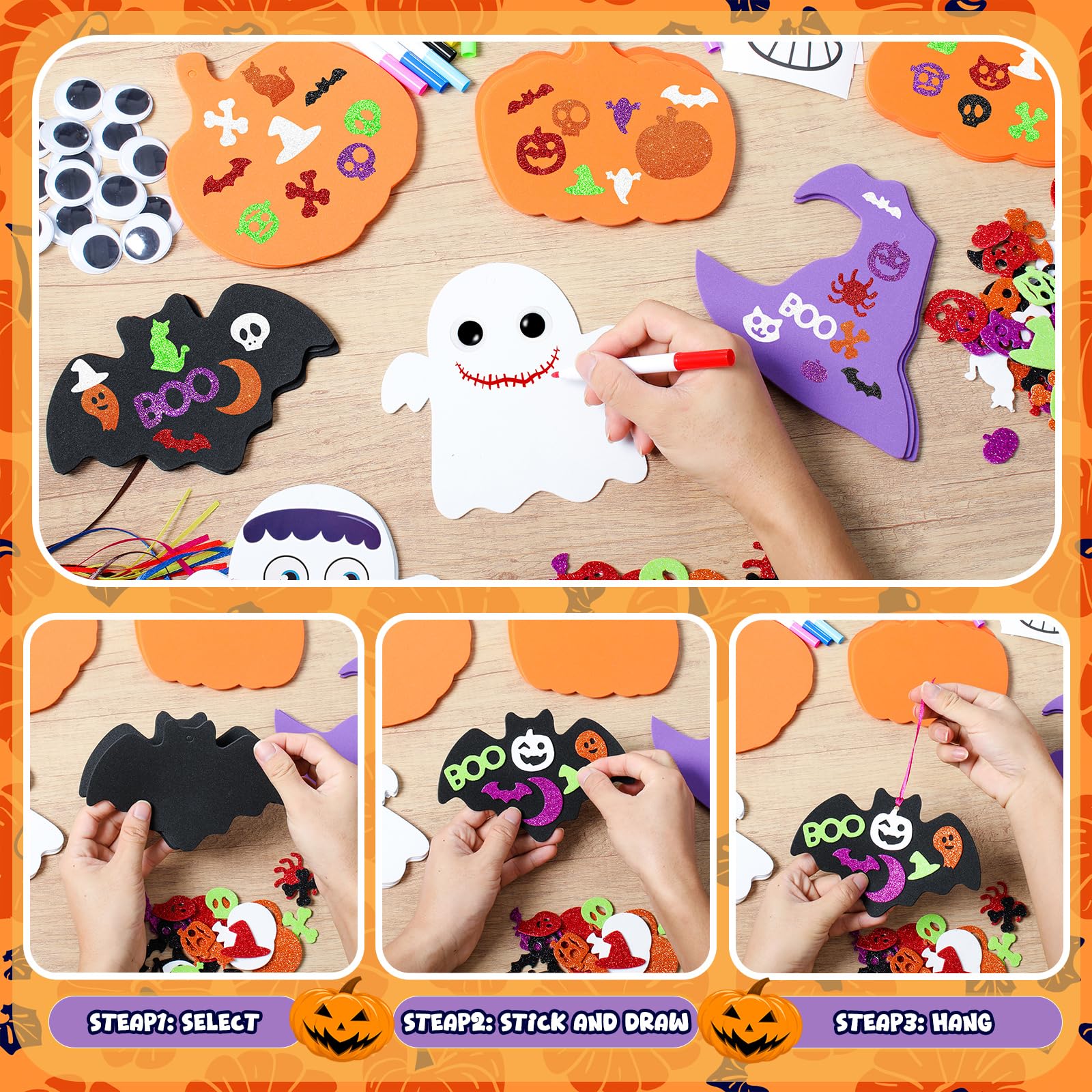 GOMANCHE 290Pcs Halloween Crafts for Kids, Bulk Halloween Foam Pumpkins, Bat, Ghost & Witch Hat Hanging Ornaments - Image 4