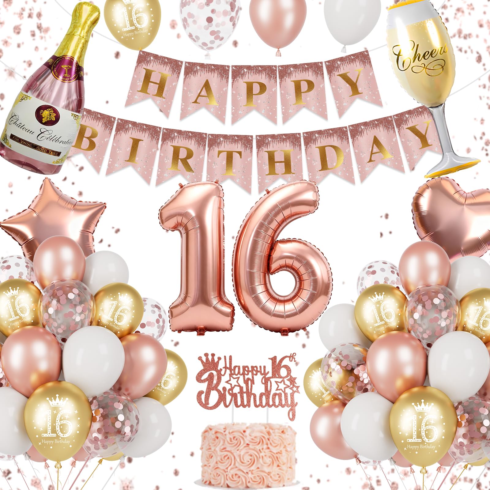 16th Birthday Decorations, Rose Gold 16th Birthday Decorations for Girls, Happy Birthday Banner, 16th Birthday Balloons, Cake Topper, Champagne Bottle, Wine Glass Foil Balloons, 16th Party Supplies — image 1