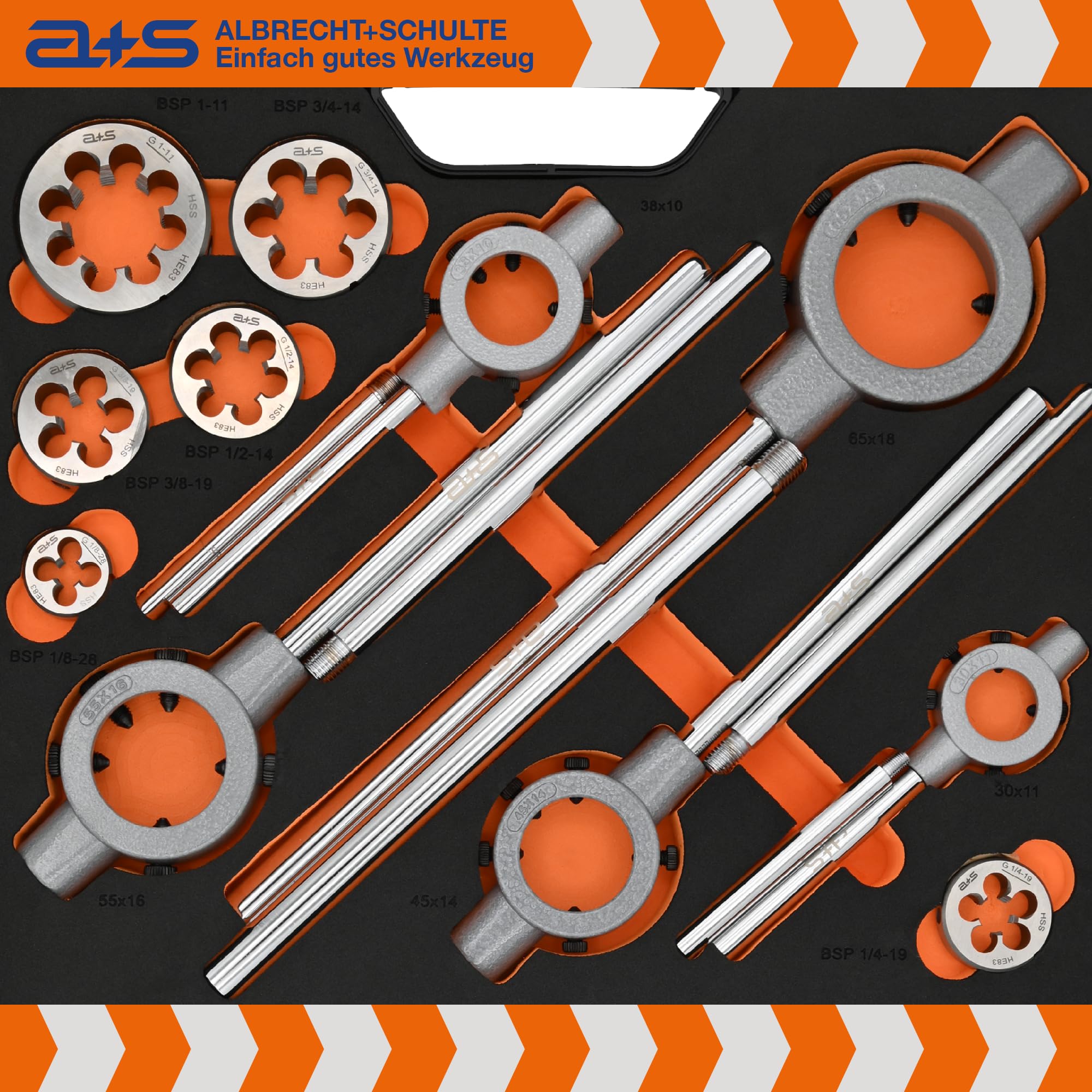 a+s HSS BSP G Rohrgewindeschneider Set | 1/8-1'', 27-tlg. | Gewindeschneider Set Zoll | Whitworth Rohrgewinde