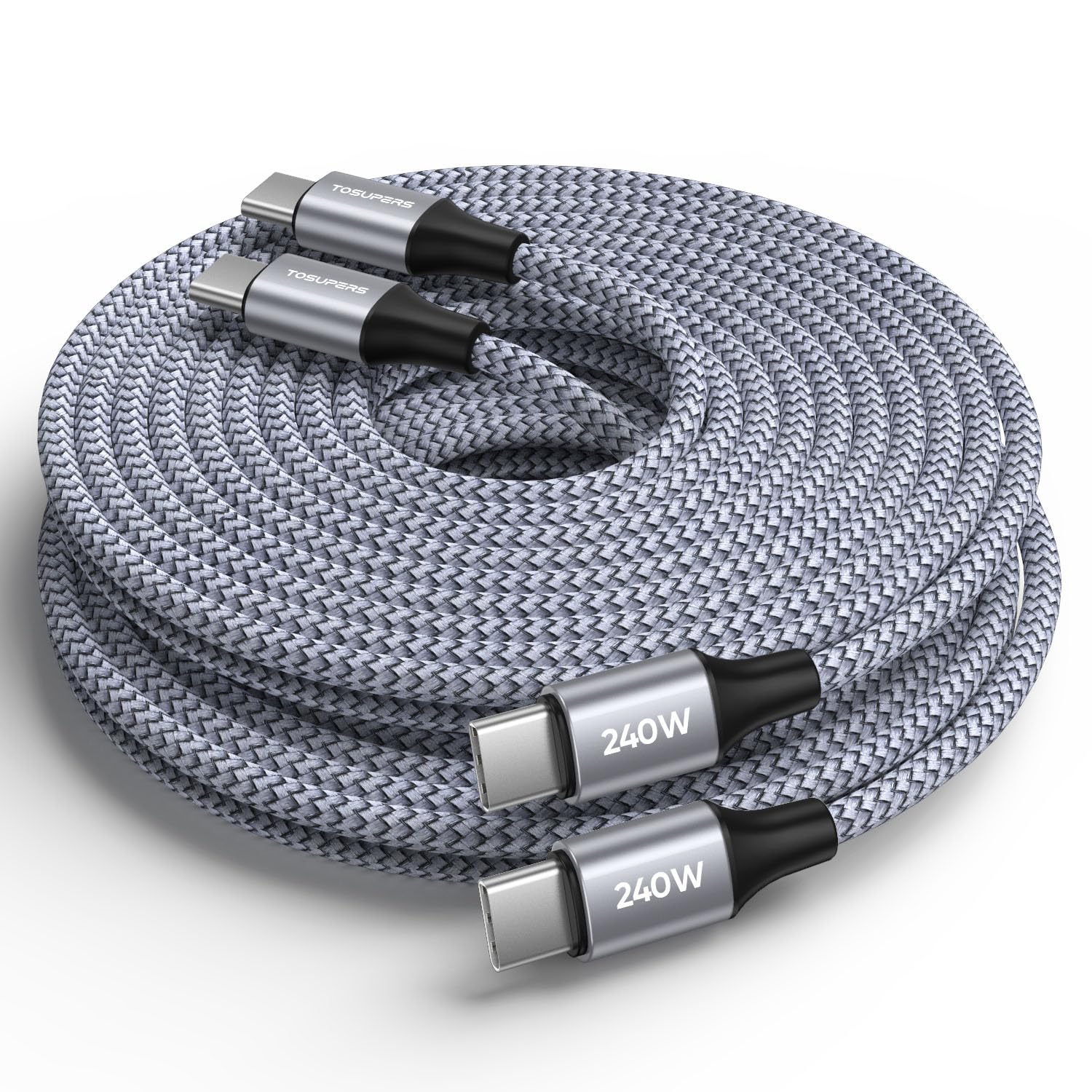 TOSUPERS 240W USB C to USB C Cable, [10ft 2-Pack] Long Type C Charger Fast Charging Cord, Braided USBC Cable for iPhone 17 Pro Max/iPhone 17 Pro/iPhone 17, MacBook Air Pro iPad