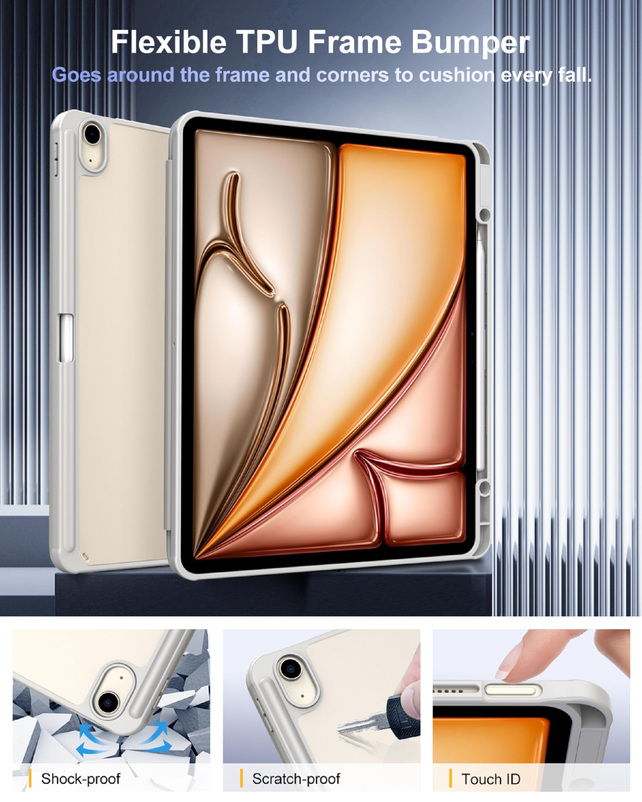 TiMOVO Etui do iPad Air 13 cali M4/M3/M2 z uchwytem na rysik, Light Gray | Smukłe etui ochronne ze składaną podstawką, przezroczysty tył i automatyczne usypianie/wybudzanie