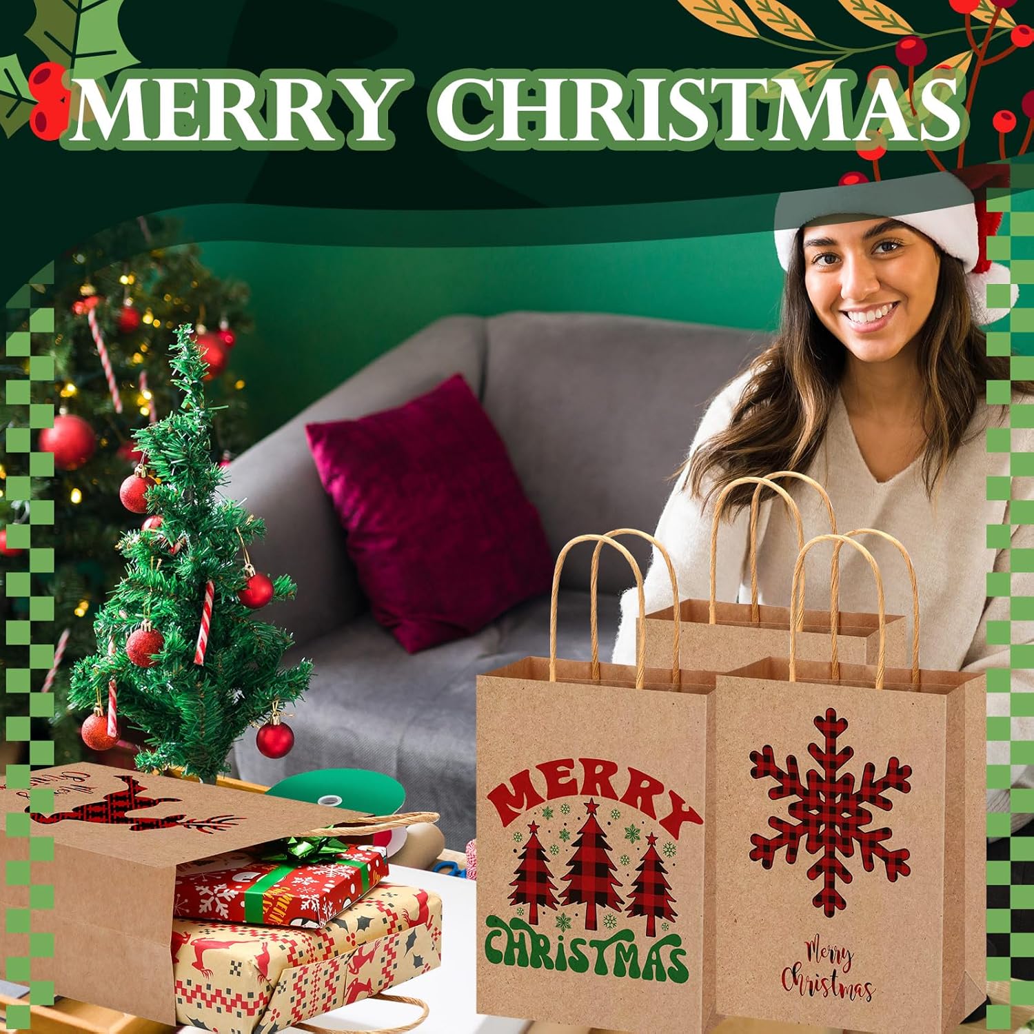 Yeaqee 48 Pcs Christmas Kraft Gift Bags Bulk Xmas Holiday Paper Gift Bags with Handle Plaid Candy Treat Party Favor Bag for Christmas New Year Presents Wrapping Party Favor Supplies Decor