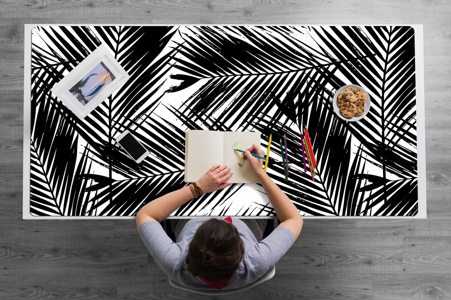 Sottomano da Scrivania 120x60 cm in Vinile PVC Protezione e Decorazione Facile da Pulire Superficie Protettiva per Ufficio e Casa Antiscivolo Impermeabile - Foglie esotiche nere