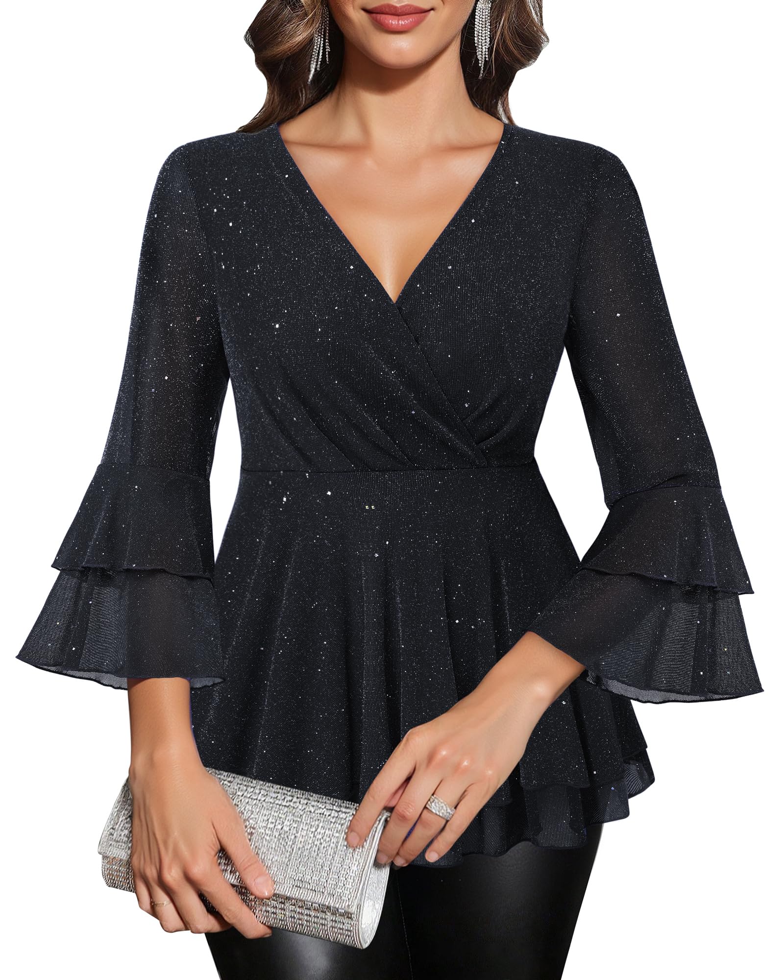 Vafoly Chemisier à manches 3/4 pour femme, élégante, avec col en V, manches à volants, paillettes, haut festif pour le quotidien et les fêtes