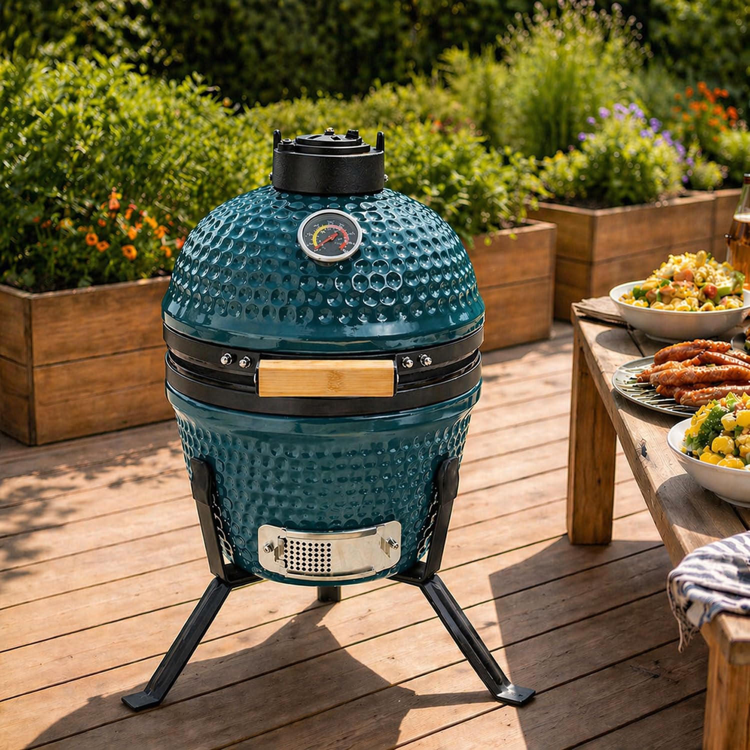 Neo Kamado 13" Ceramic Mini BBQ Grill Smoker Egg Charcoal Cooking Oven with Portable Stand (Teal Blue)