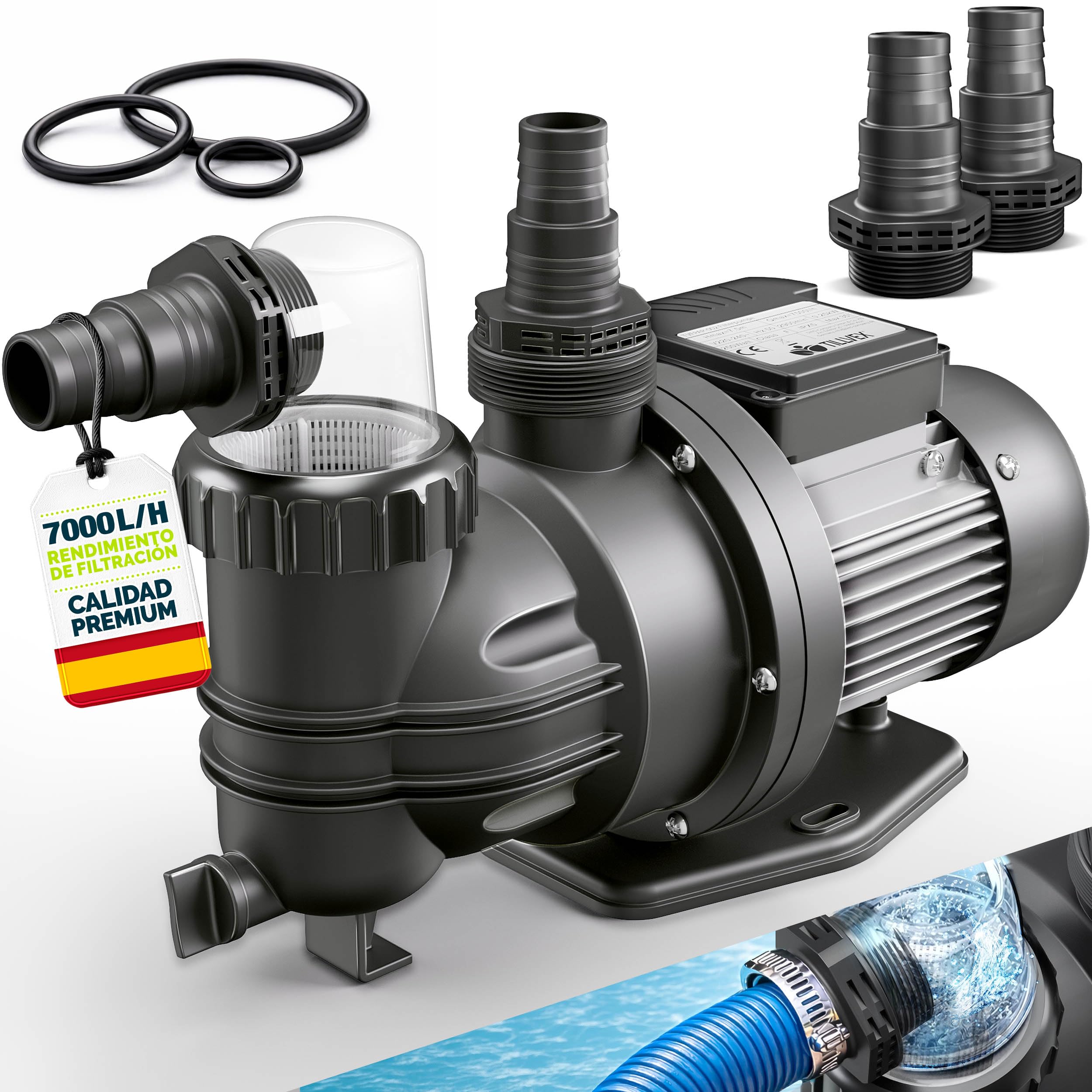 tillvex® Bomba de filtro piscina 7 000 L/h & 250 W | Altura de impulsión máx. 7,5 m | Bomba de circulación para piscinas 22 m³ | Autoaspirante piscina desmontable & spa con prefiltro