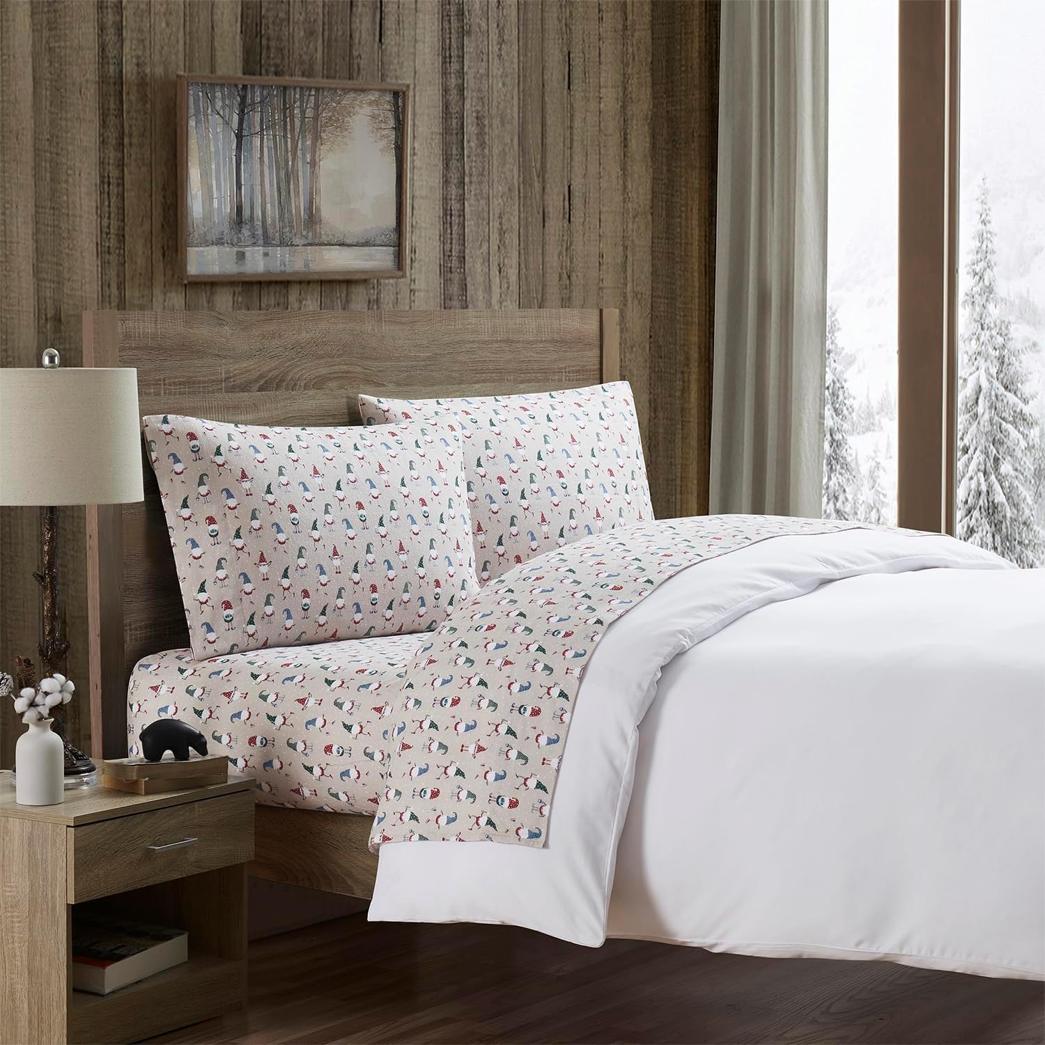 Bearpaw - Queen Sheets, 4-Piece Cotton Flannel Bedding with Matching Pillowcases, Brush for Extra Softness, Cozy Home Decor (Gnome Taupe, Queen)