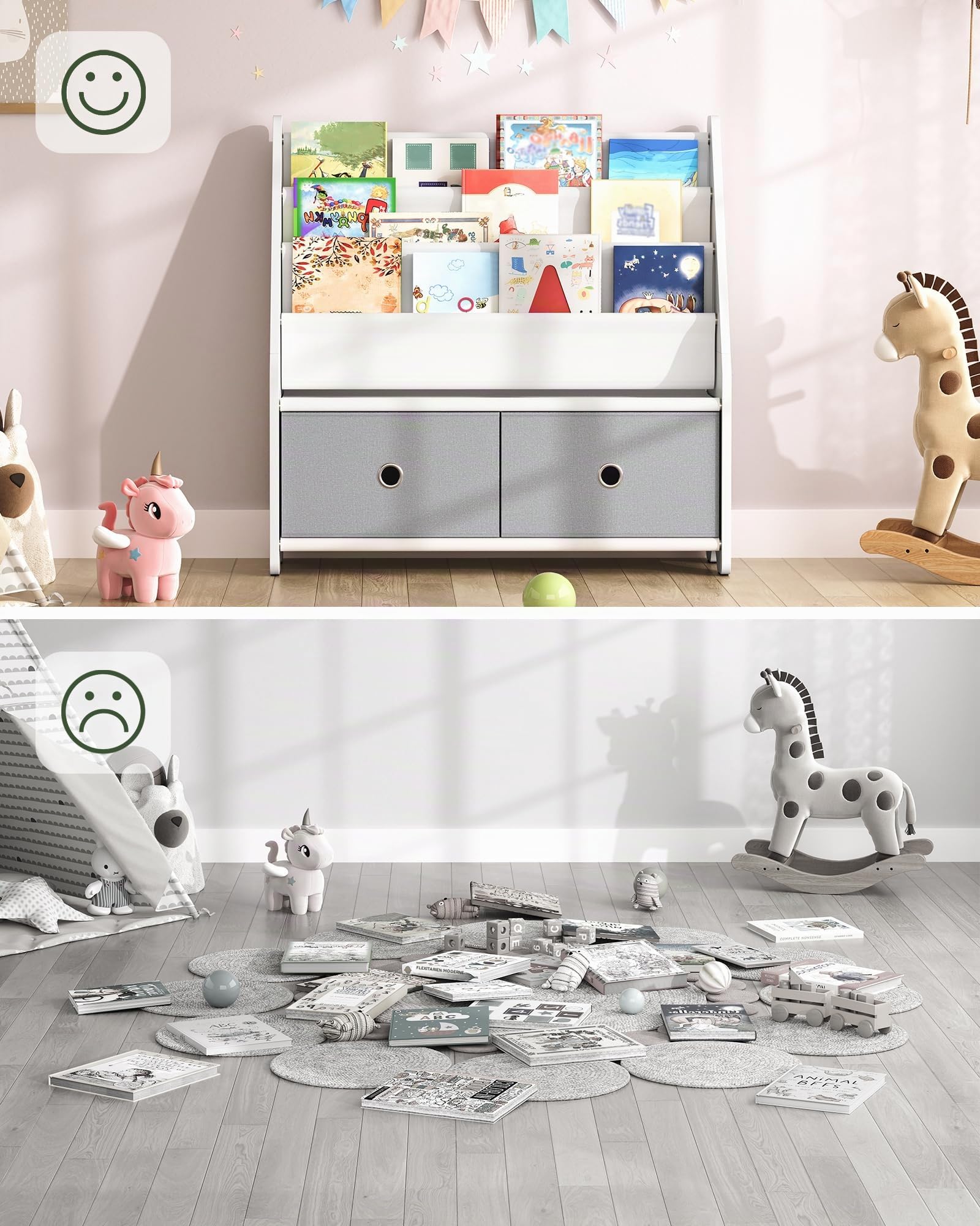 CHOEZON Bibliothèque Enfant avec Coffre à Jouets, Étagère à Livres avec Sacs Suspendus, Rangement Livre et Magazines à Grande capacité, pour Chambre Enfant, crèche, Blanc et Gris DMCW06WT