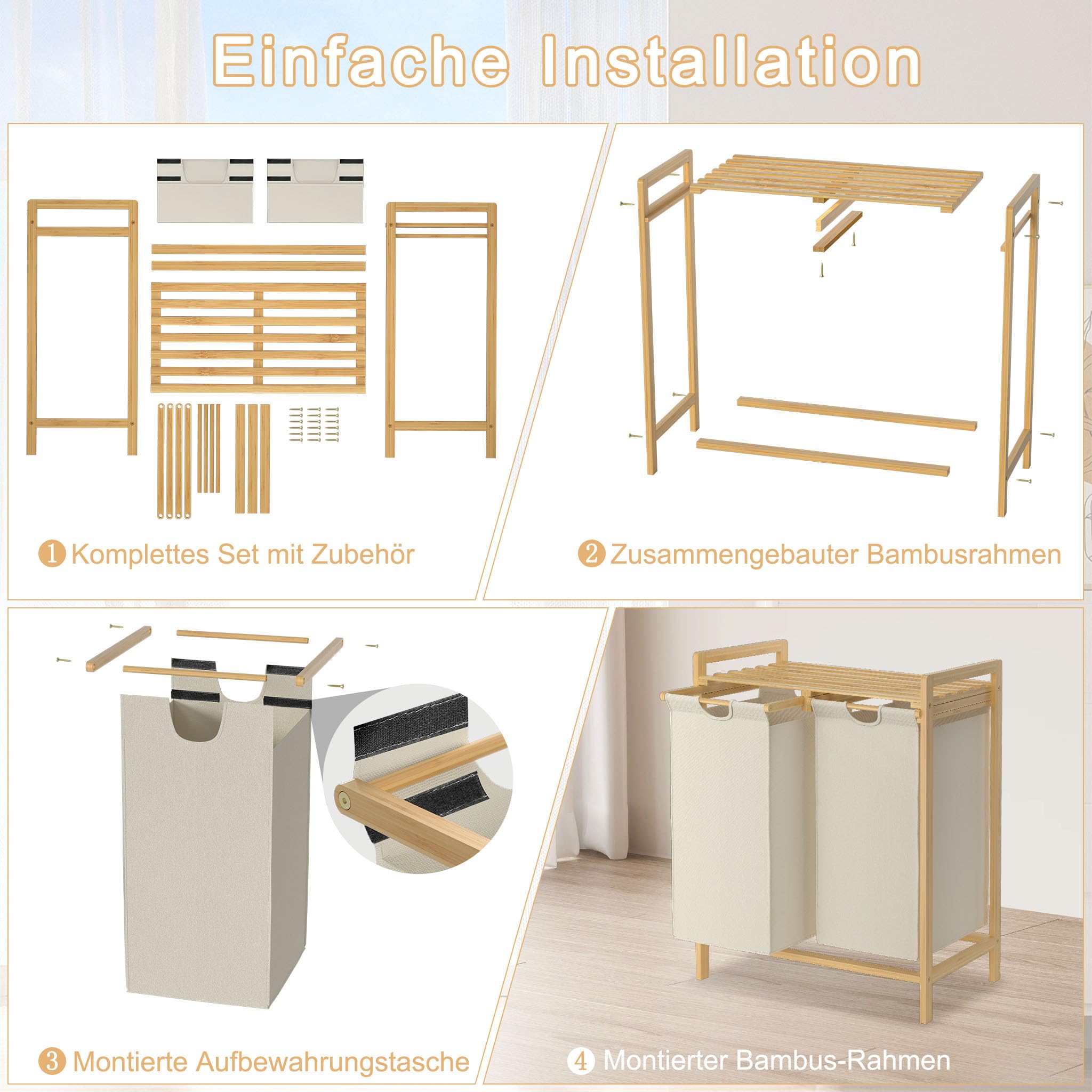 UISEBRT Bambus Wäschekorb mit 2 Fächern, 72L Wäschesortierer aus Oxford-Stoff, Wäschesortiersystem abnehmbar und waschbar, 73x64x33,5cm, Beige