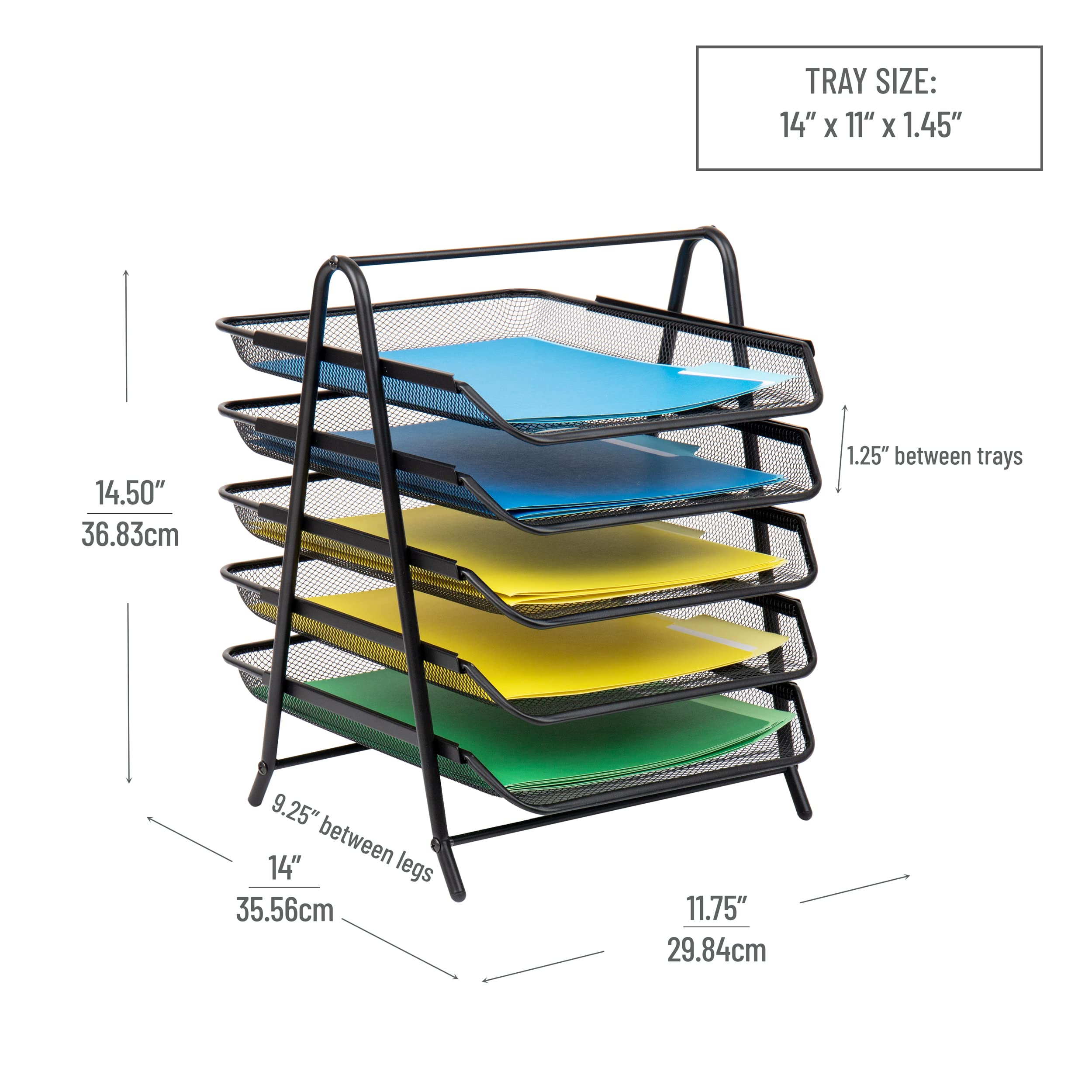Mind Reader Network Collection, 5-stöckiges Papiertablett und 10 Aktenordner, Aktenspeicher, Desktop-Organizer, Metallgitter, Schwarz