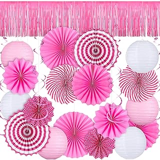 SmoothNovelty 25 Pcs Pink Party Breast Cancer Awareness Party Decoration Pink Ribbon Paper Lanterns Paper Fans Foil Metall...
