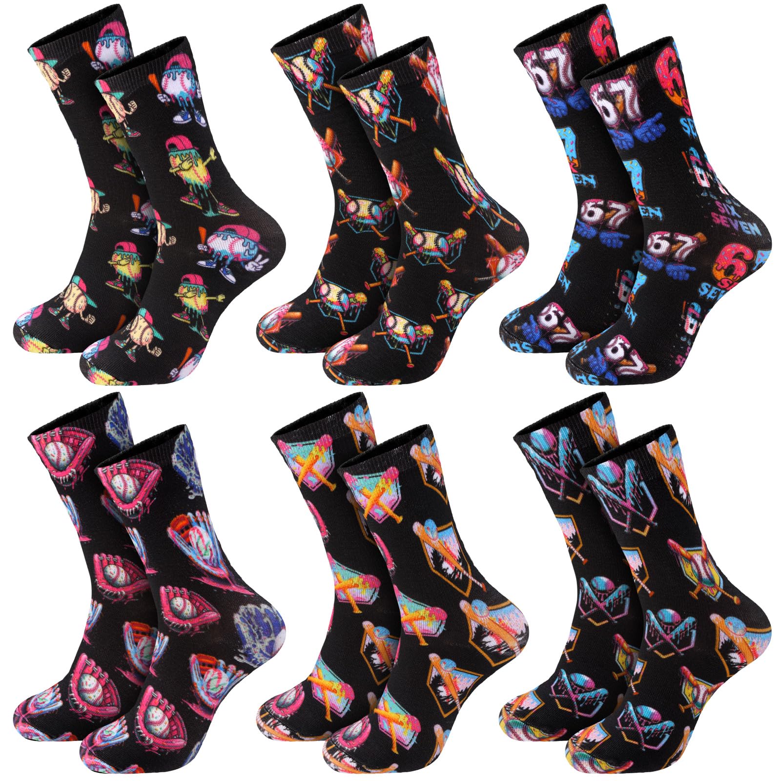 Glitopper 6/12/24 Pairs Ice Cream Drip Socks | Boy Youth Teen 101 Gifts, Ice Cream Drip Baseball Baskeetball Socks, Dark Cool, Baseball 67 Lifestyle Socks, Soft Multicolor