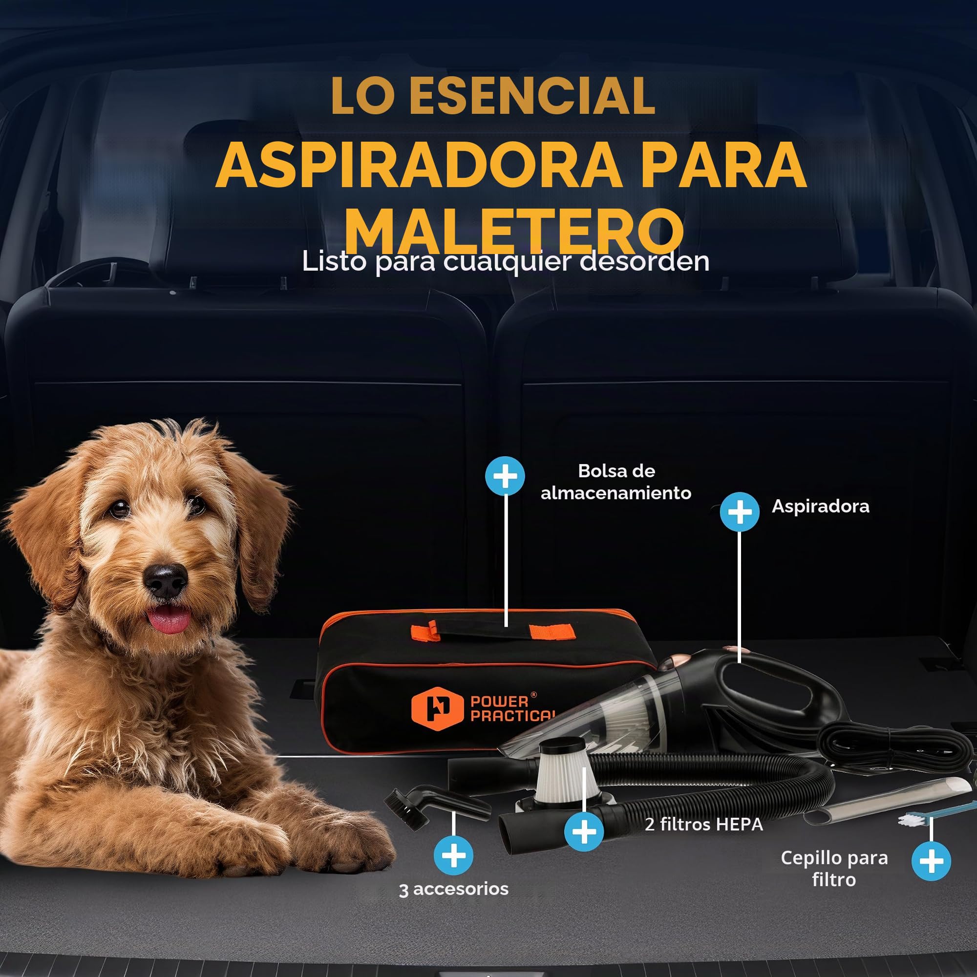 THISWORX Aspiradora portátil de Alta Potencia para Coche, aspiradora de Mano 3 Accesorios, Cable de 5 m y Bolsa de Almacenamiento 12 V alimentación