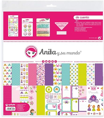 Anita and Su Mundo Tale Collection Kit Scrapbooking, 13 papeles impresos, adhesivos, placas, lentejuelas, pastel, cinta washi, papel, multicolor,