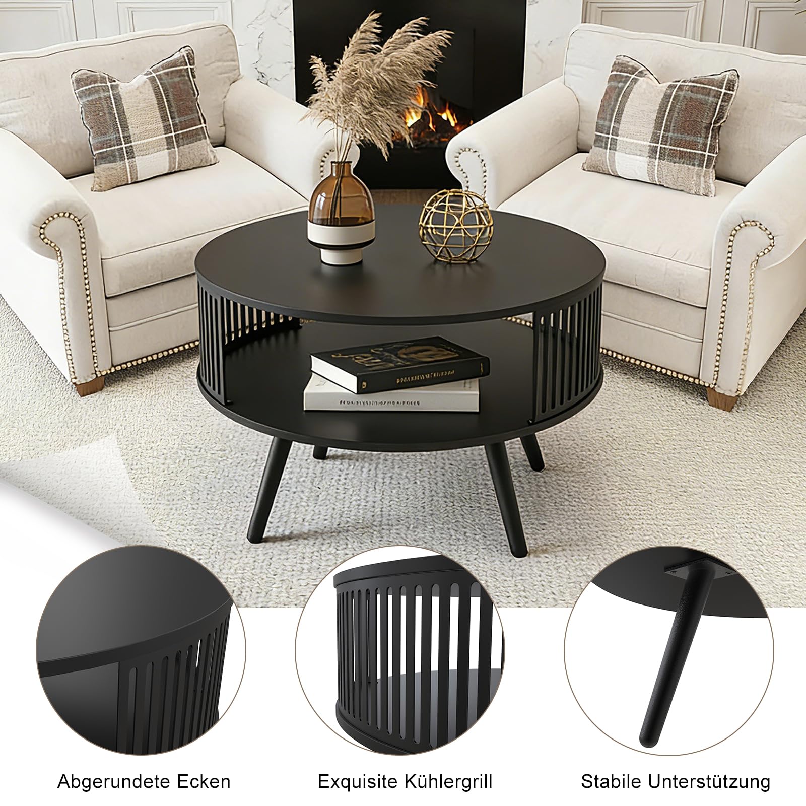Runder Couchtisch Ø 75 cm mit Ablage, Wohnzimmertisch Schwarz