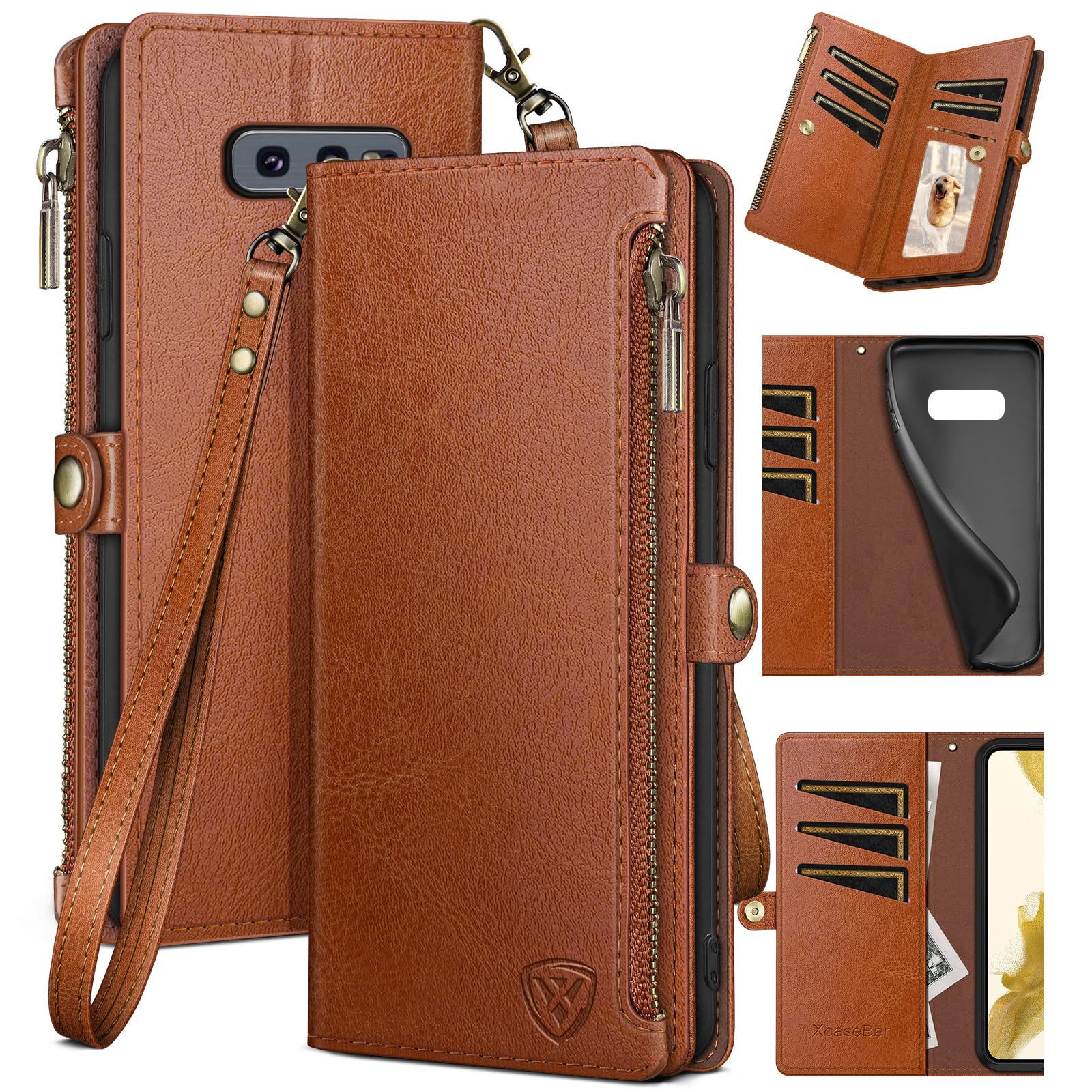XcaseBar for Samsung Galaxy S10E Wallet case with Zipper Credit Card Holder?RFID Blocking?, Flip Folio Book PU Leather Phone case Shockproof Cover Women Men for Samsung S10E case Light Brown