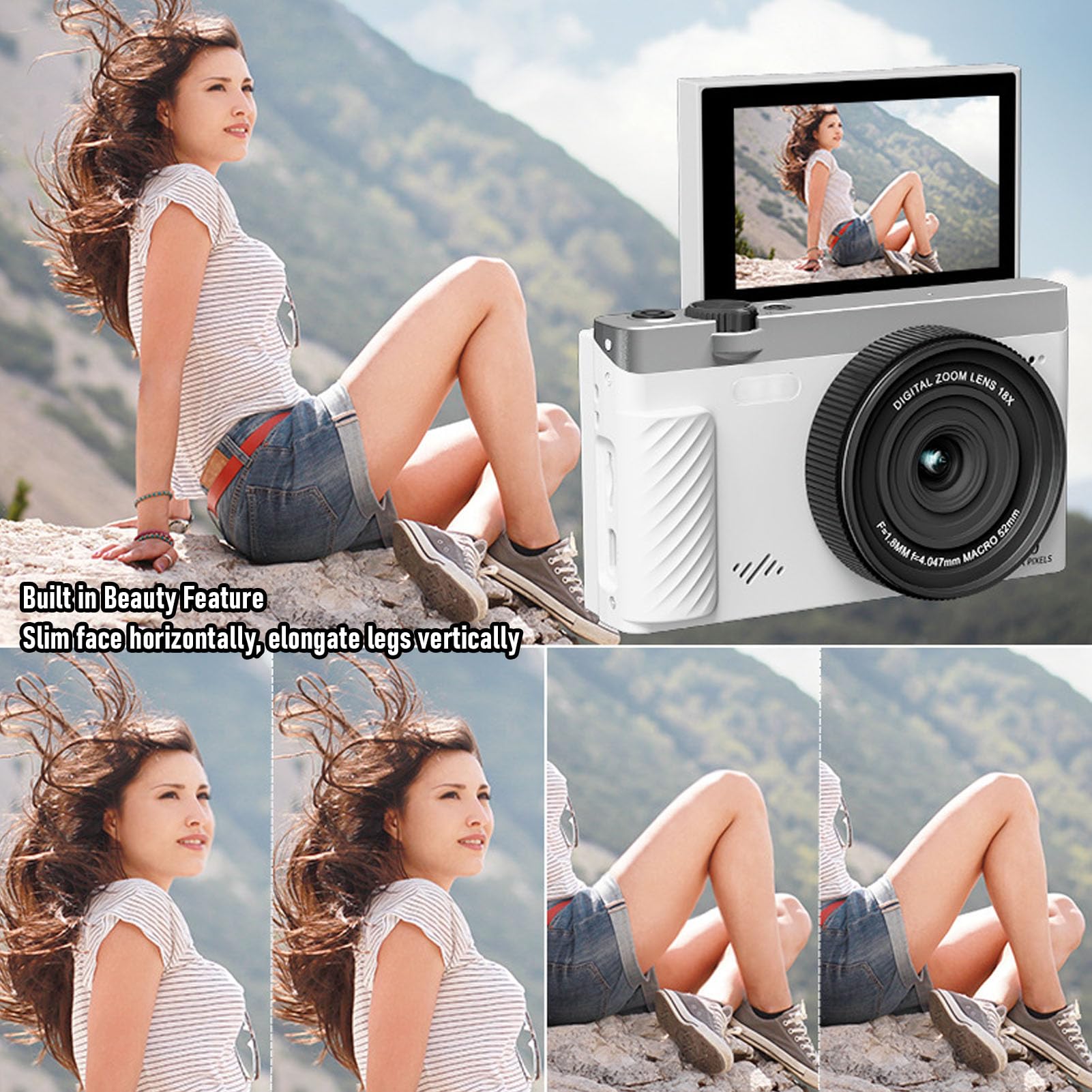 Dpofirs Fotocamera Digitale 4K, Fotocamera Mirrorless WiFi con Zoom 18X con Schermo Ribaltabile da 3 Pollici, Videocamera retrò da 75 MP Versatile per Ritratti Paesaggistici da Viaggio (White)