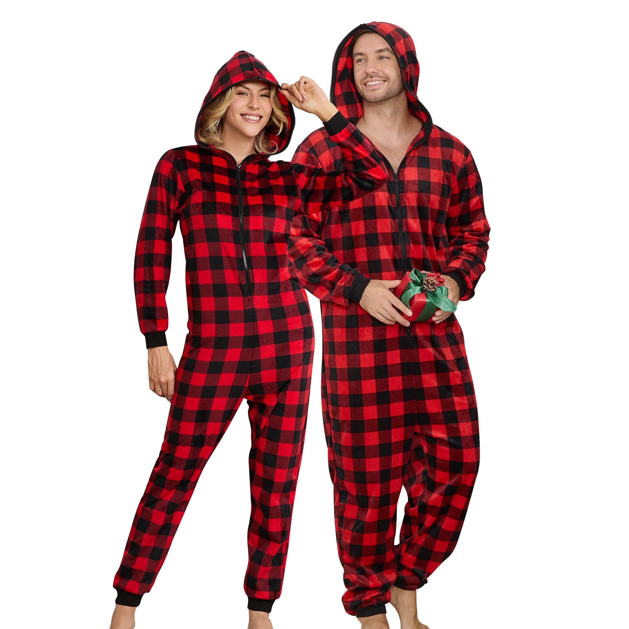 U2SKIIN Couple Fleece Onesie Pajamas, Matching Plaid Hooded Zipper Pjs Set Christmas Jumpsuit Warm Sleepwear for Women & Men