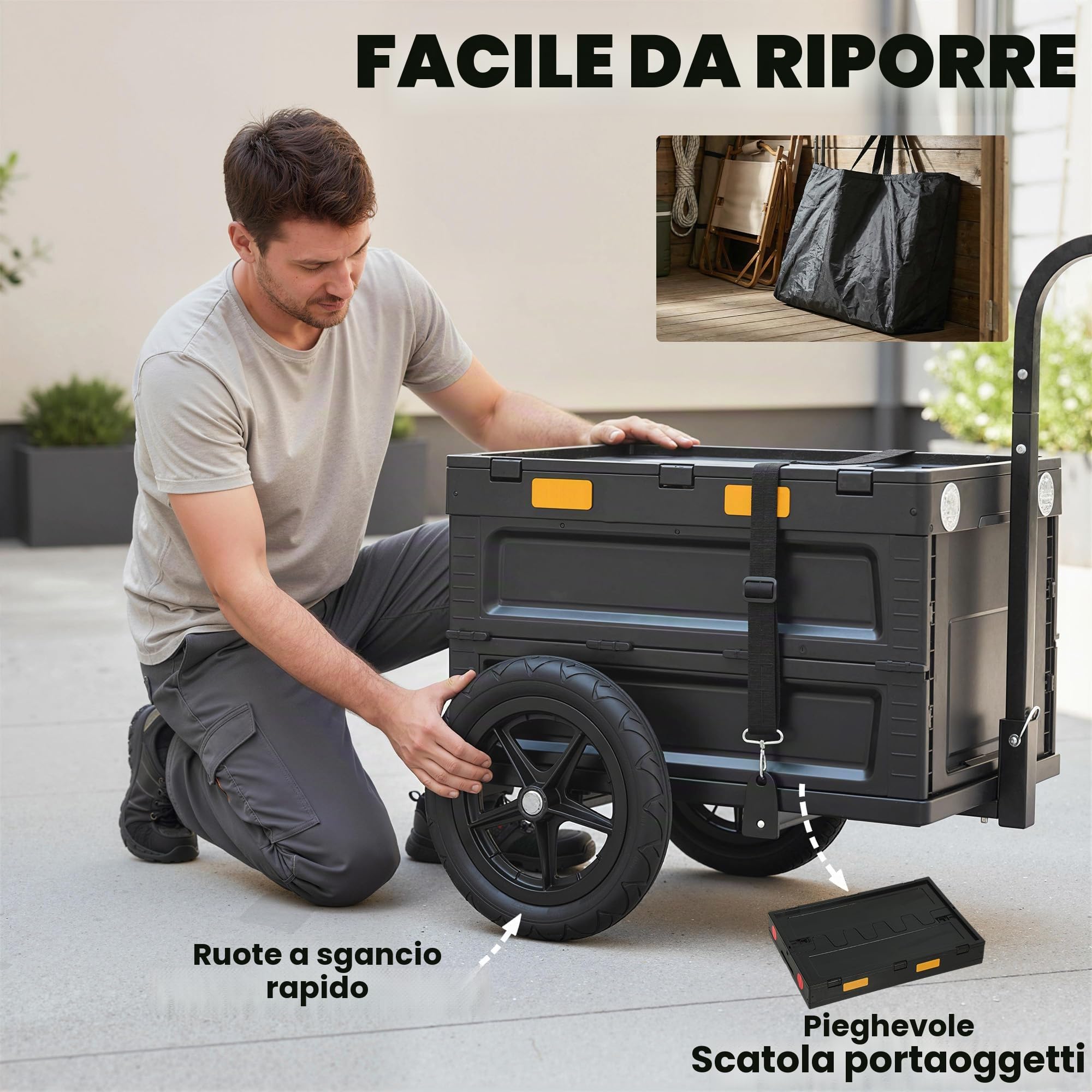 SPORTNOW Rimorchio Bici Cargo Pieghevole Cassa Plastica 65L Coperchio Nero | Carrello da trasporto 30 kg, sgancio rapido, carrello da giardino, ruote 12", adesivo riflettente, bandiera