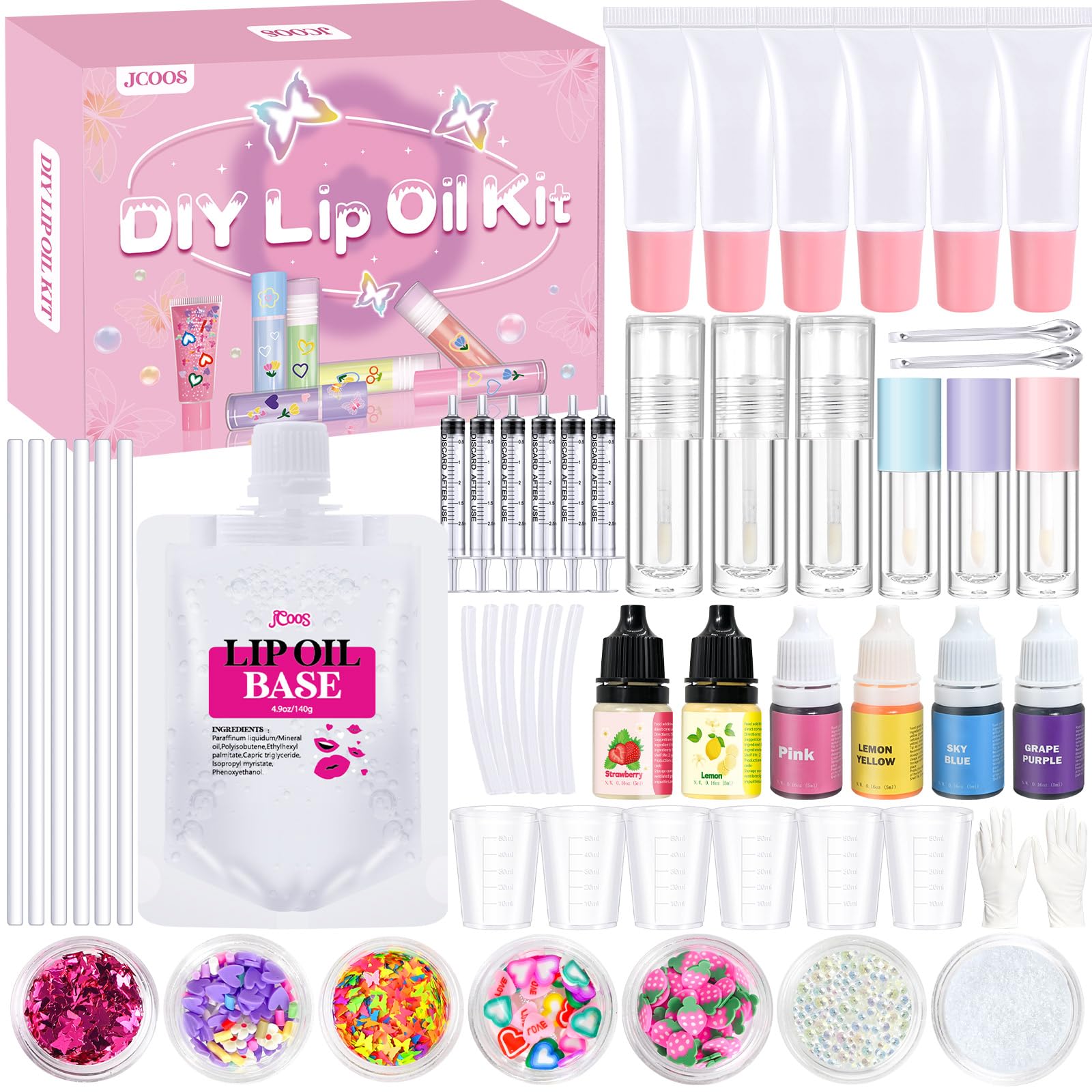Jcoos DIY Lip Gloss Oil Make Your Own Lip Gloss Kit, Inspired Lip Oil Base with Pigment, Flavoring Oil, Glow Tubes, DIY Lip Gloss Making Kit, Moisturizing Lipglosses for Girls Women Gifts
