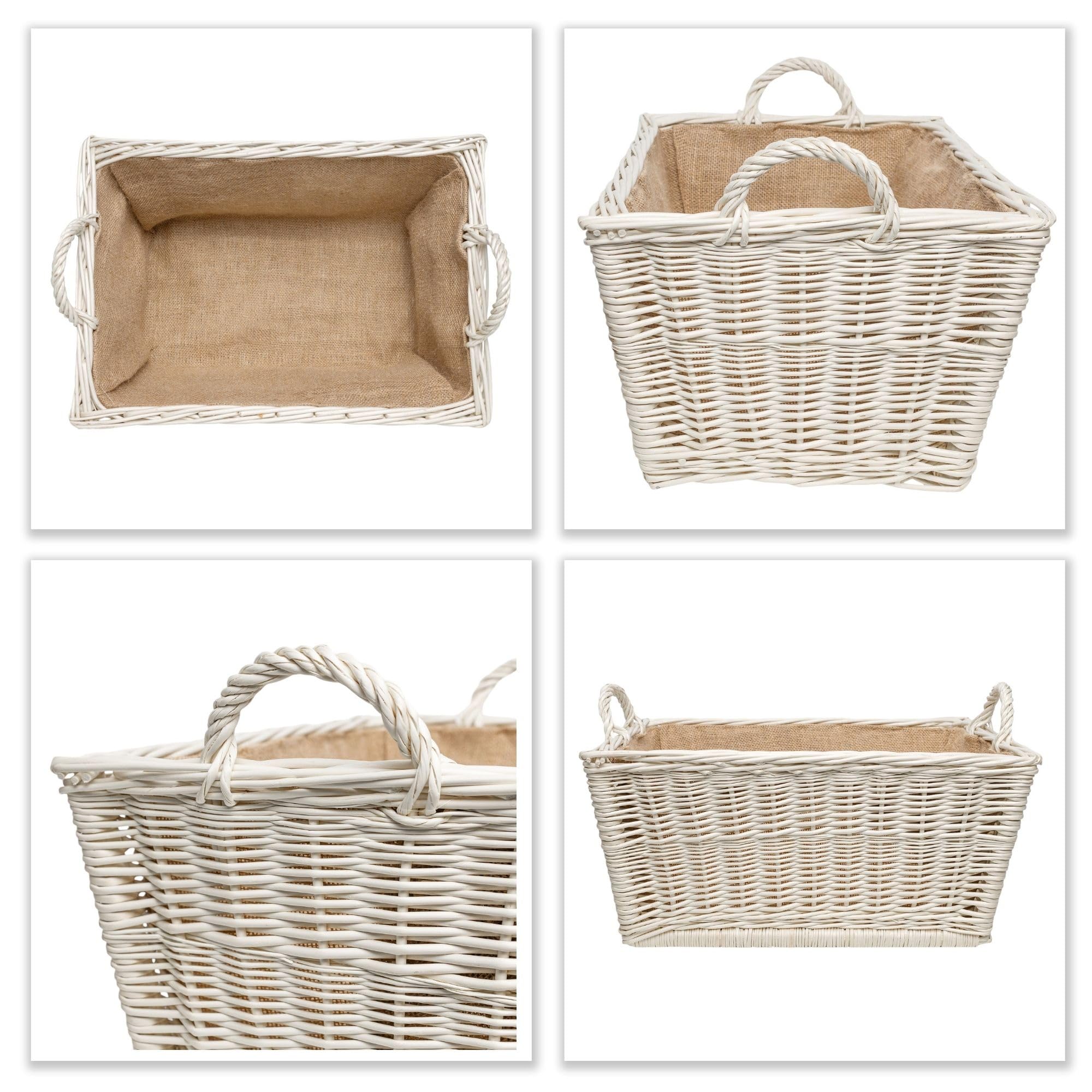 Creative Home Cesta de Mimbre Blanca para Almacenar Leña 47x33x30cm | Tela de Yute | Asas | Rectangular Grande | Tejida a Mano Duradera Interior | Sauce Grueso Natural | Multiuso