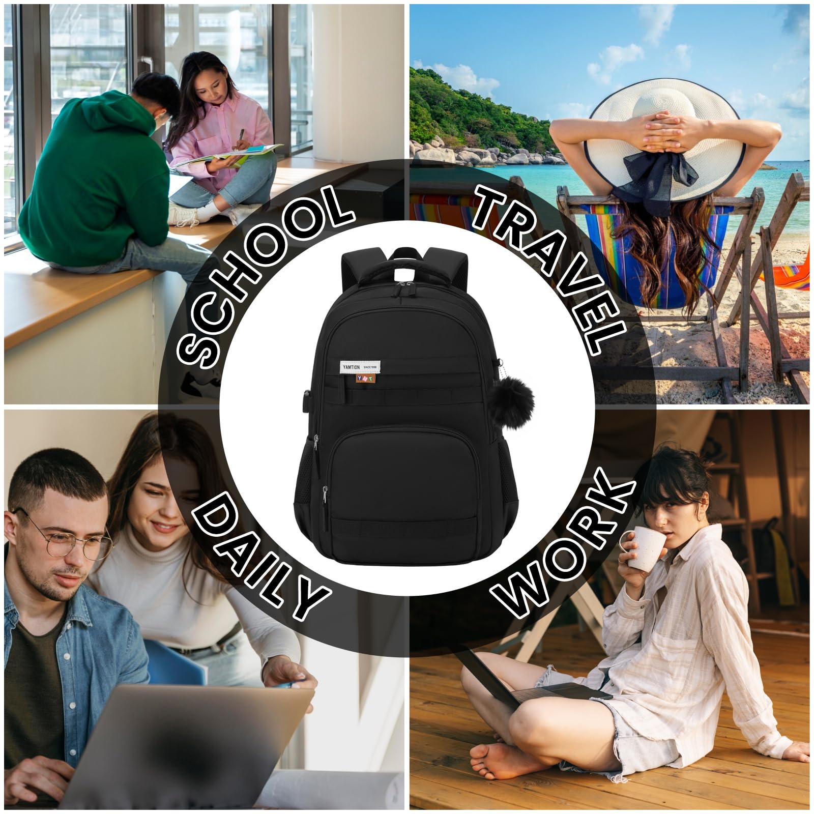 YAMTION Sac à dos noir pour homme et femme, sac à dos de voyage pour ordinateur portable de 15,6", sac d'école avec grande capacité, sac à dos décontracté pour adolescents, garçons et filles, collège