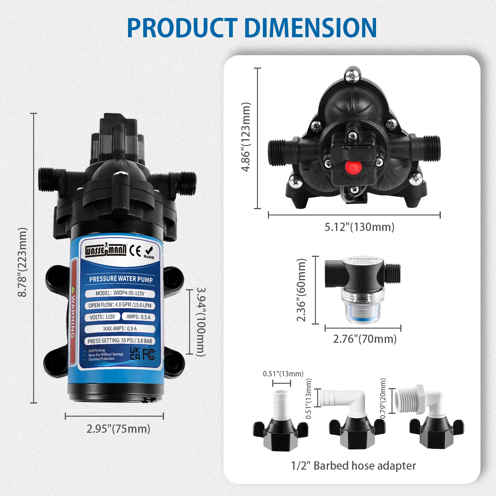 WASSERMANN - Pompa ciśnieniowa wody 115 V AC, 4,0 GPM 55 psi, samozasysająca pompa wodna z przełącznikiem ciśnieniowym do kuchni, łazienki, na jacht, ogród
