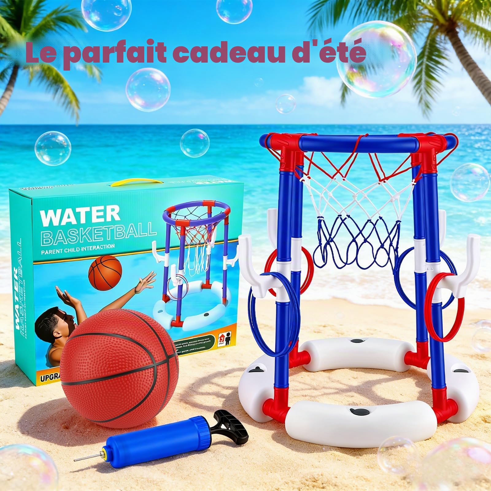 Jeu de Basket de Piscine 2 en 1, Panier de Basket Flottant avec 4 Grands Ballons & 12 Anneaux INCL. Pompe, Sport Nautique Gonflable pour Enfants Adultes Famille Amusement dans l'eau